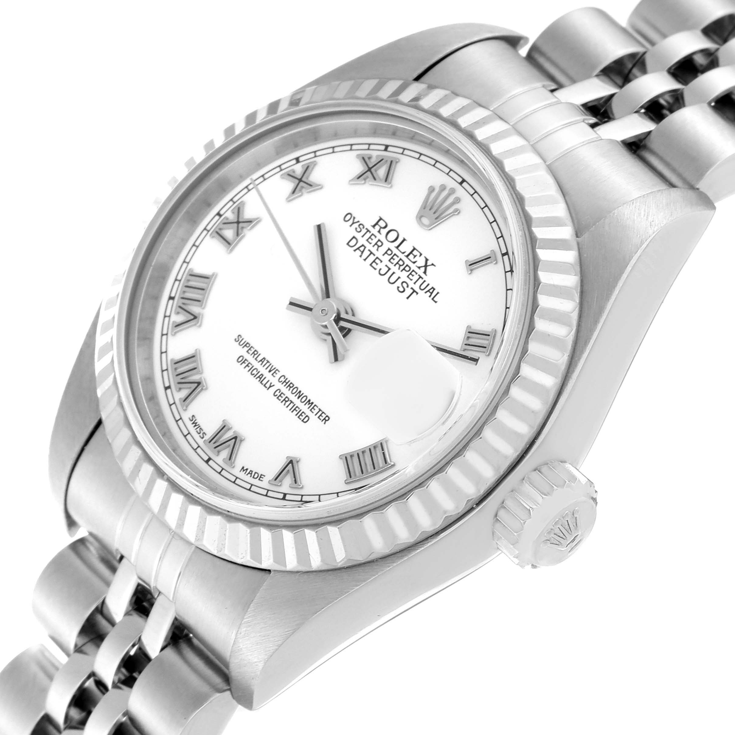 The image shows the Rolex Datejust 79174 Women's Stainless Steel White Dial 79174 Women's Stainless Steel White Dial watch at an oblique angle, highlighting the dial, bezel, bracelet, and crown.