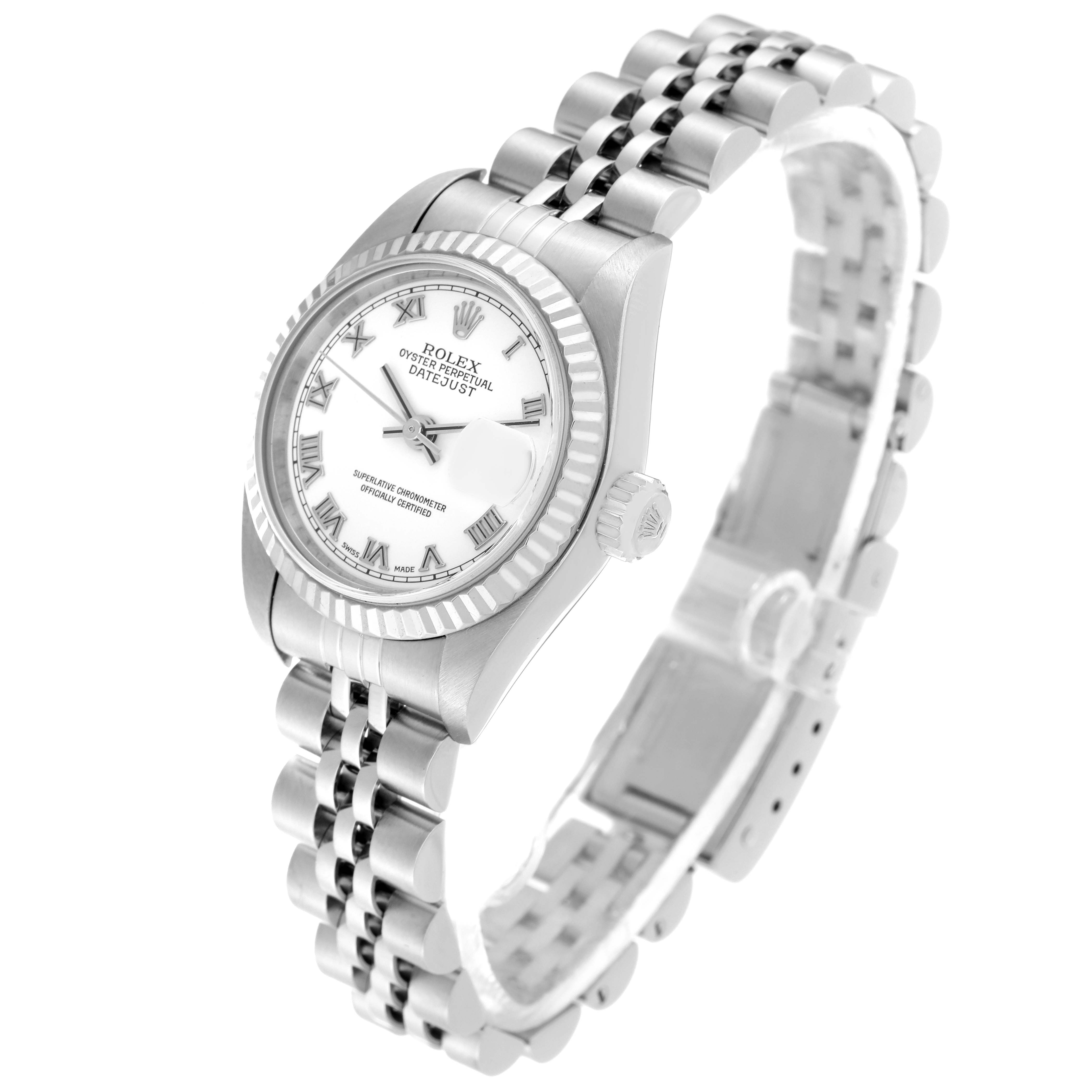 This image shows a Rolex Datejust 79174 Women's Stainless Steel White Dial 79174 Women's Stainless Steel White Dial watch from an angled perspective, highlighting the face, bezel, and bracelet.