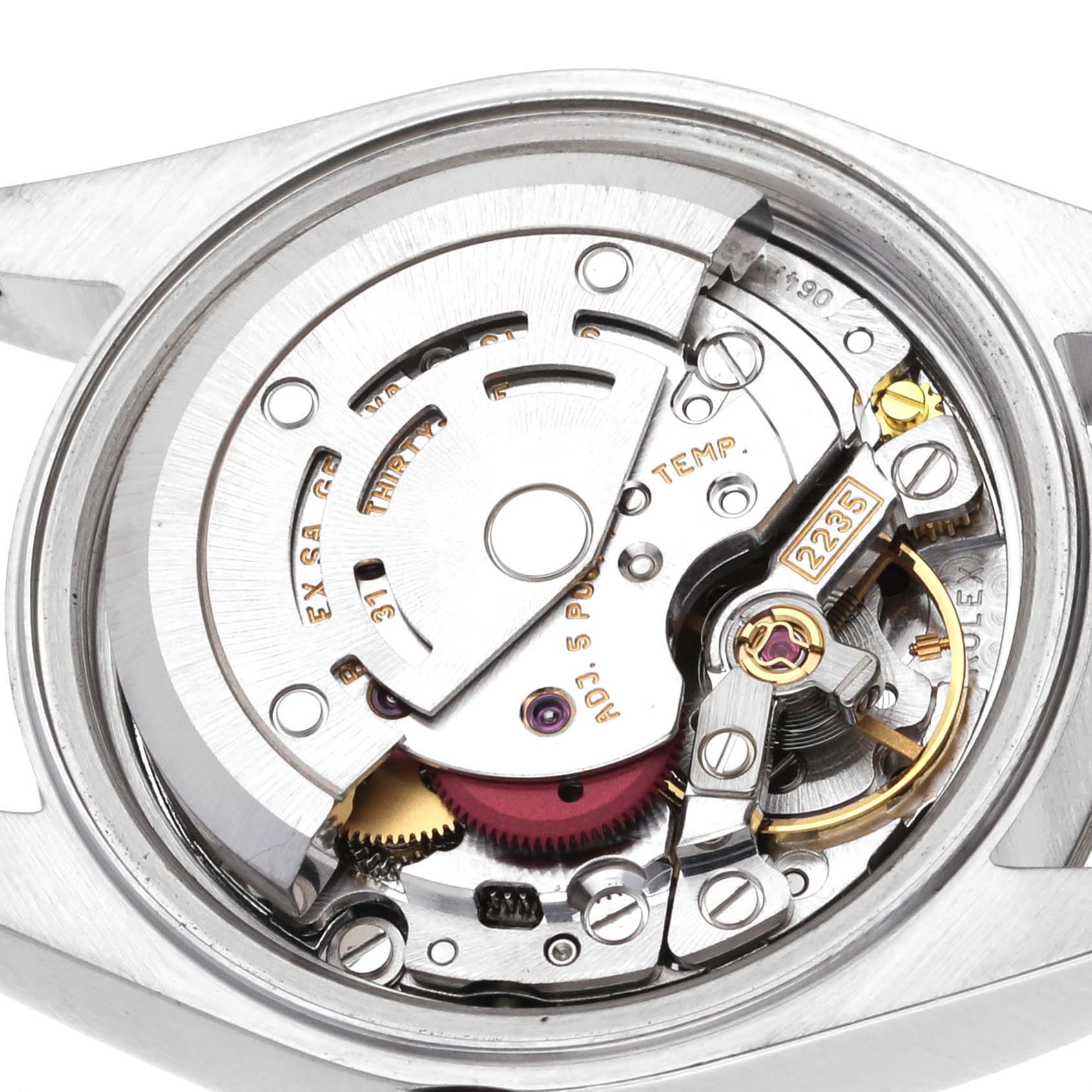 This image shows the inner movement mechanism of a Rolex Datejust 79174 Women's Stainless Steel White Dial 79174 Women's Stainless Steel White Dial watch, focusing on its intricate components.
