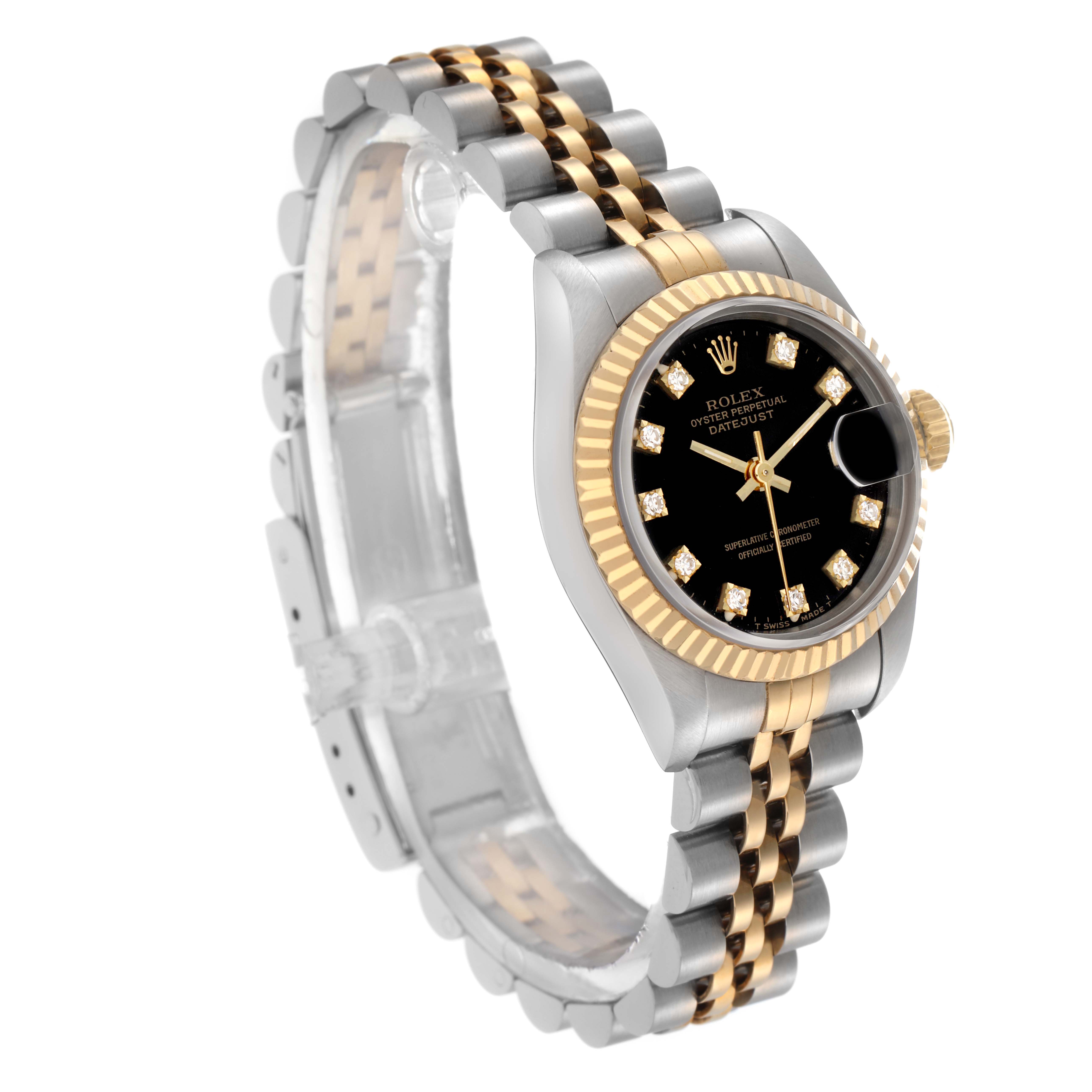 The Rolex Datejust 69173 Women
s Steel and Gold (two tone) Black Dial 69173 Women
s Steel and Gold (two tone) Black Dial watch is shown at an angle highlighting the dial, bezel, and part of the two-tone bracelet.