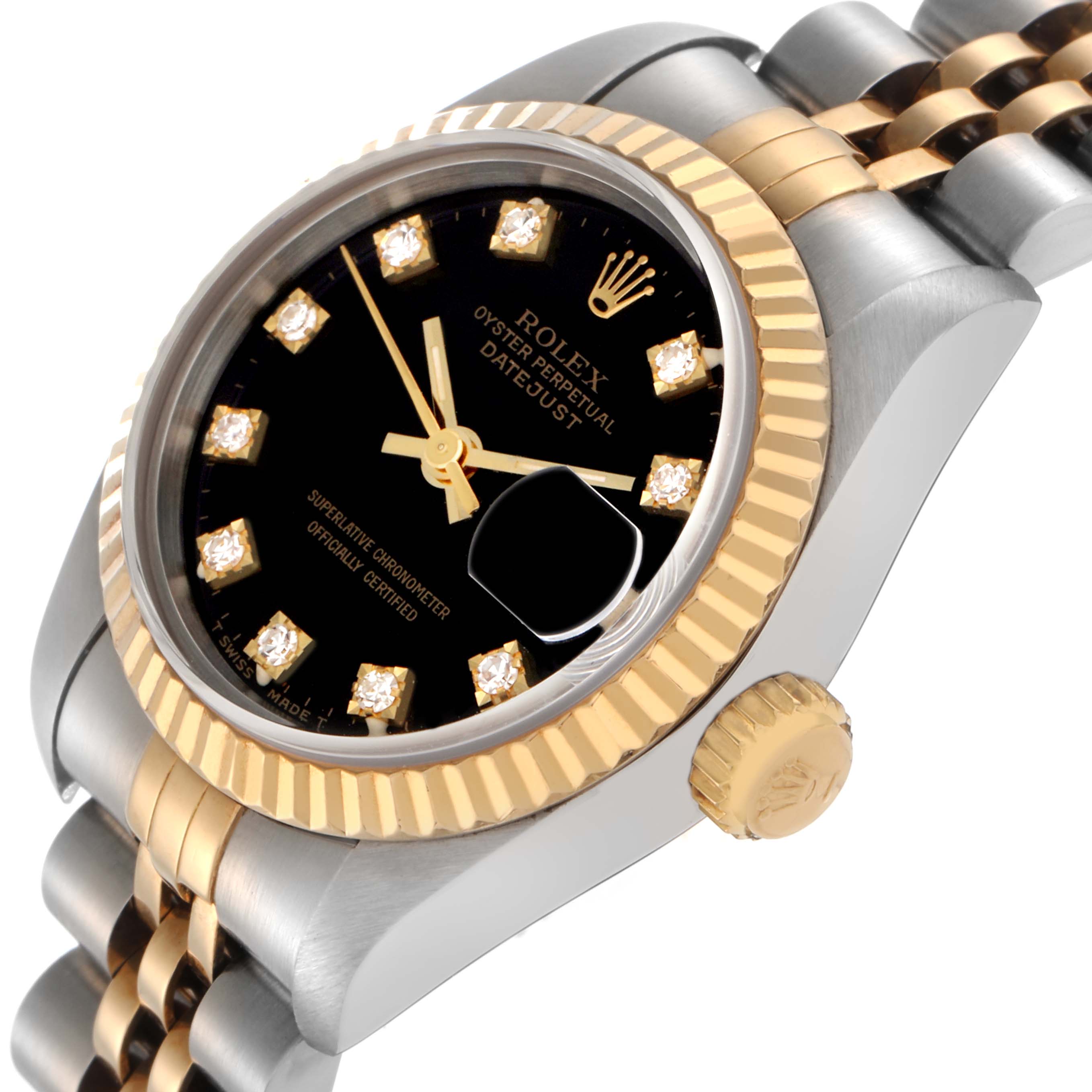 The Rolex Datejust 69173 Women
s Steel and Gold (two tone) Black Dial 69173 Women
s Steel and Gold (two tone) Black Dial watch is shown at an angled view, highlighting its black dial, gold accents, and two-tone Jubilee bracelet.