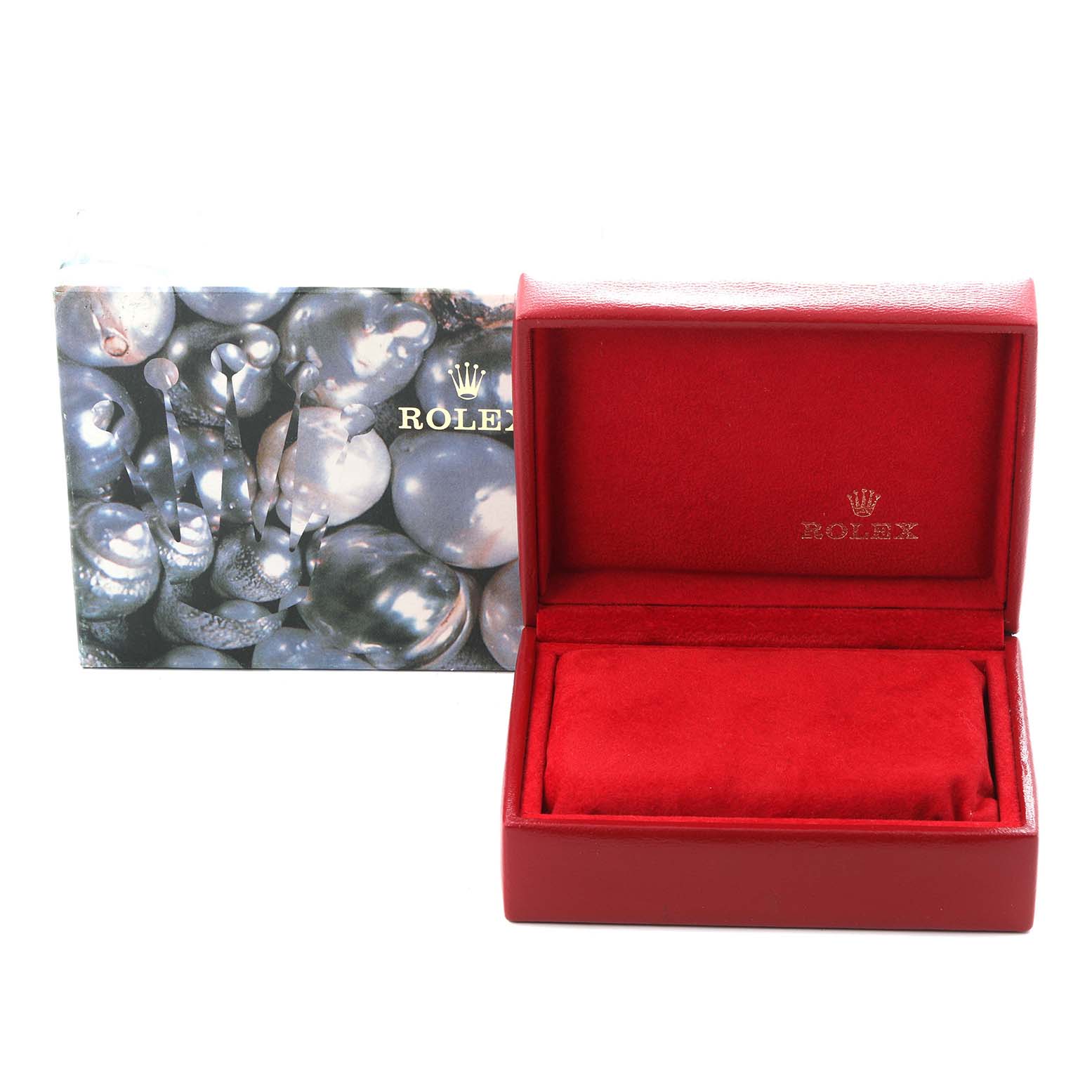 The image shows a red Rolex Datejust 69173 Women
s Steel and Gold (two tone) Black Dial 69173 Women
s Steel and Gold (two tone) Black Dial watch box open, with a branded paper box in the background.