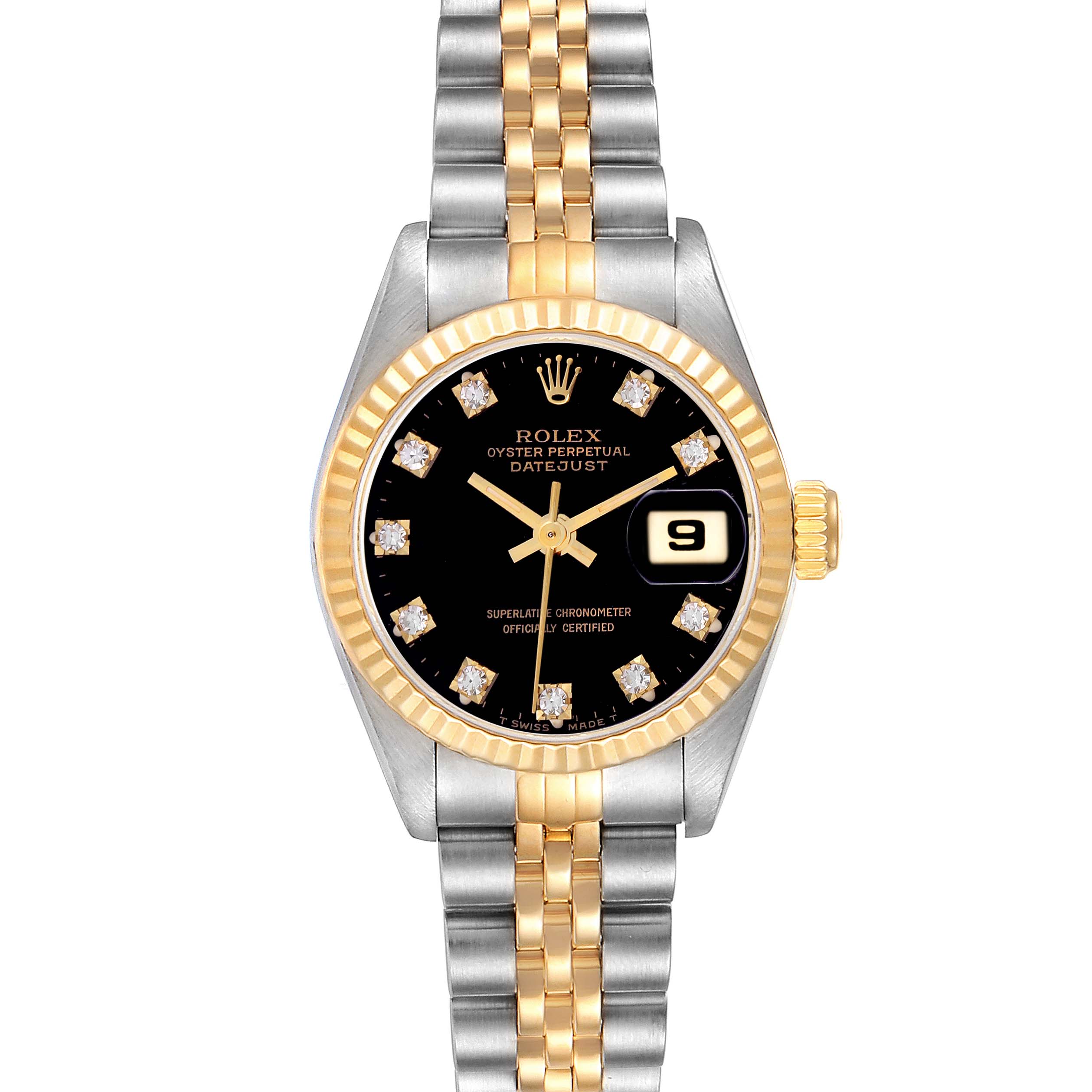 The Rolex Datejust 69173 Women
s Steel and Gold (two tone) Black Dial 69173 Women
s Steel and Gold (two tone) Black Dial watch is shown from the front, displaying its face, bezel, and two-tone bracelet.
