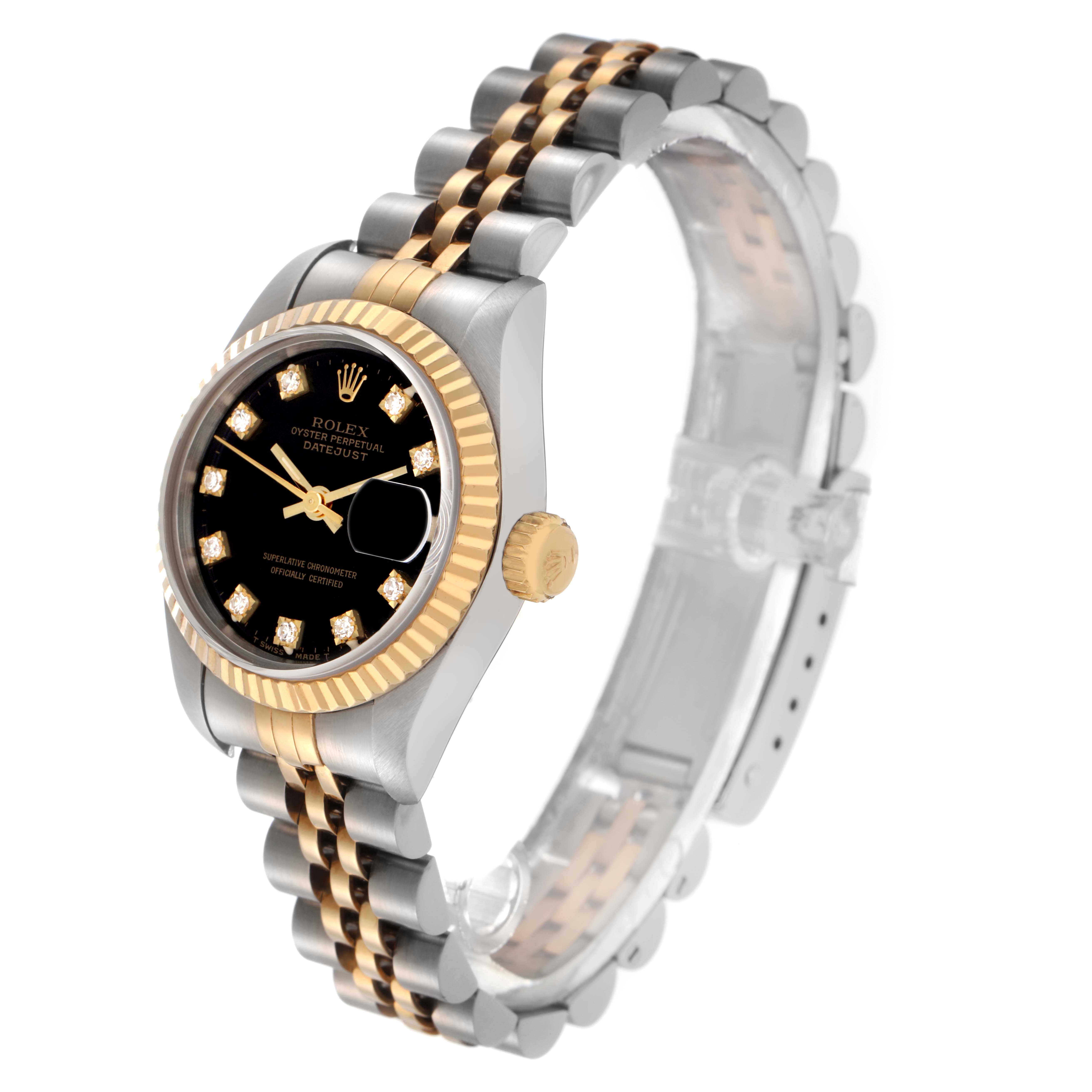 The Rolex Datejust 69173 Women
s Steel and Gold (two tone) Black Dial 69173 Women
s Steel and Gold (two tone) Black Dial is shown at a three-quarter angle, displaying the face, bezel, crown, and part of the bracelet.