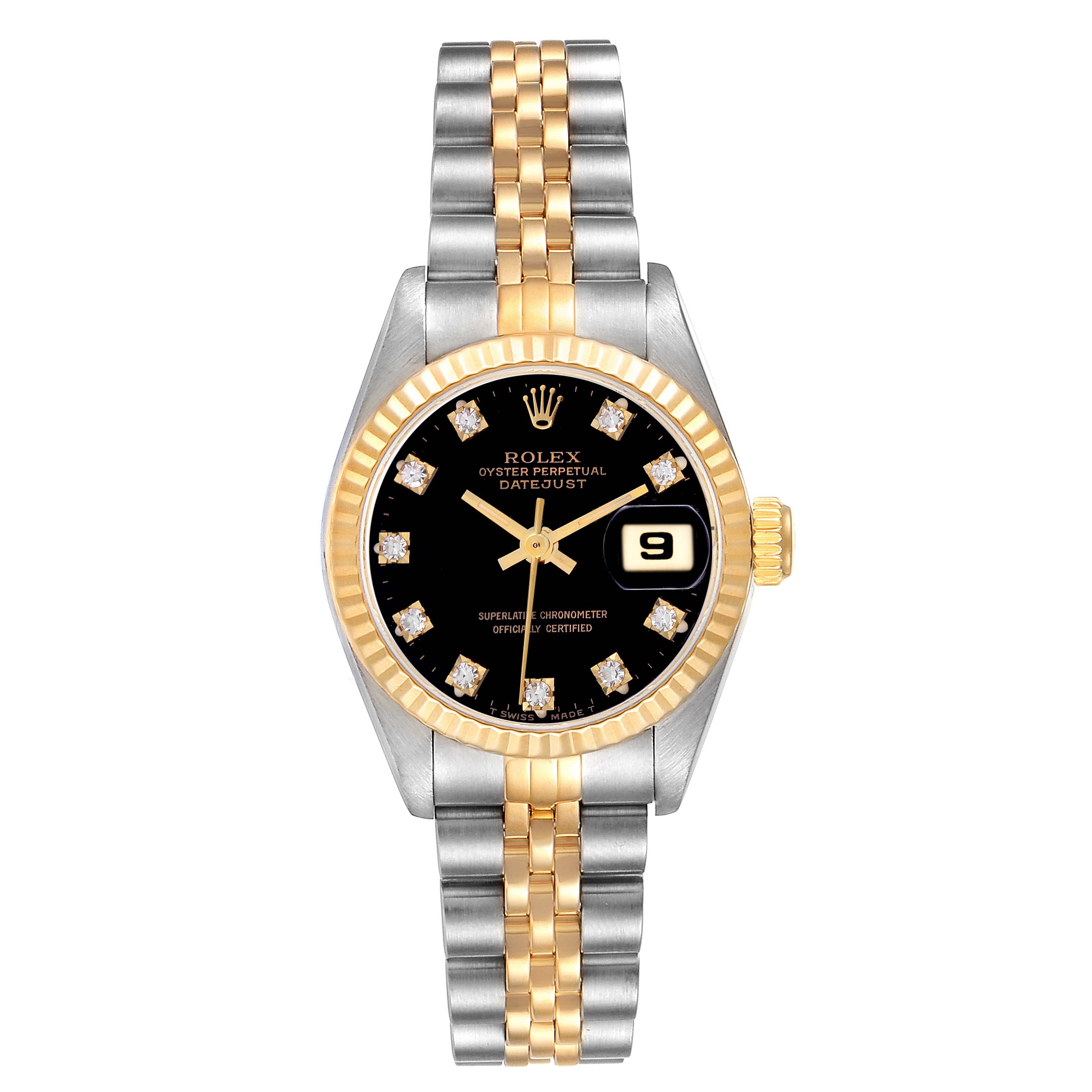 The Rolex Datejust 69173 Women
s Steel and Gold (two tone) Black Dial 69173 Women
s Steel and Gold (two tone) Black Dial watch is shown from the front, displaying its face, hands, date window, and two-tone bracelet.