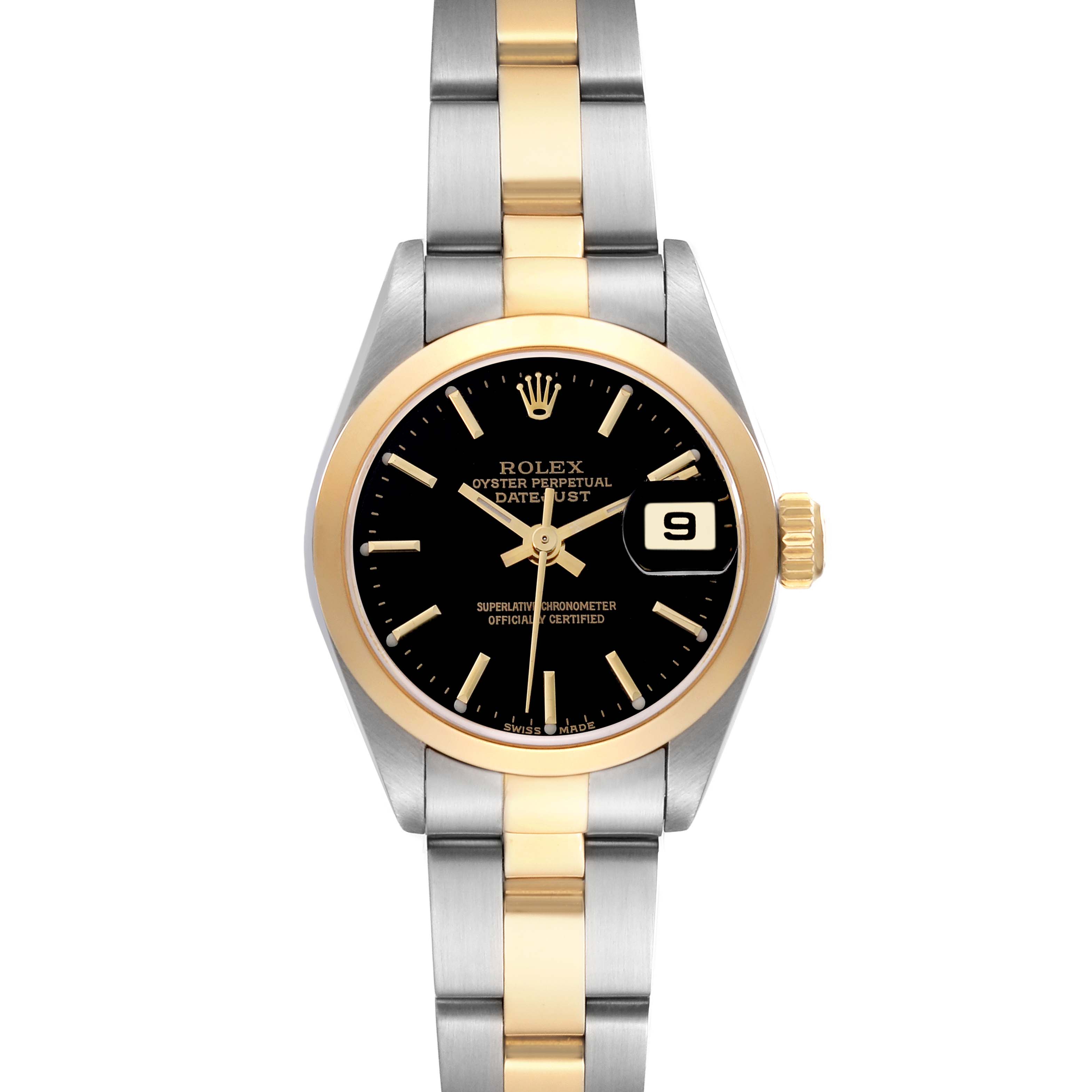The Rolex Datejust 79163 Women's Steel and Gold (two tone) Black Dial 79163 Women's Steel and Gold (two tone) Black Dial watch is shown from a top-down angle, featuring a black dial, date display, and two-tone metal bracelet.