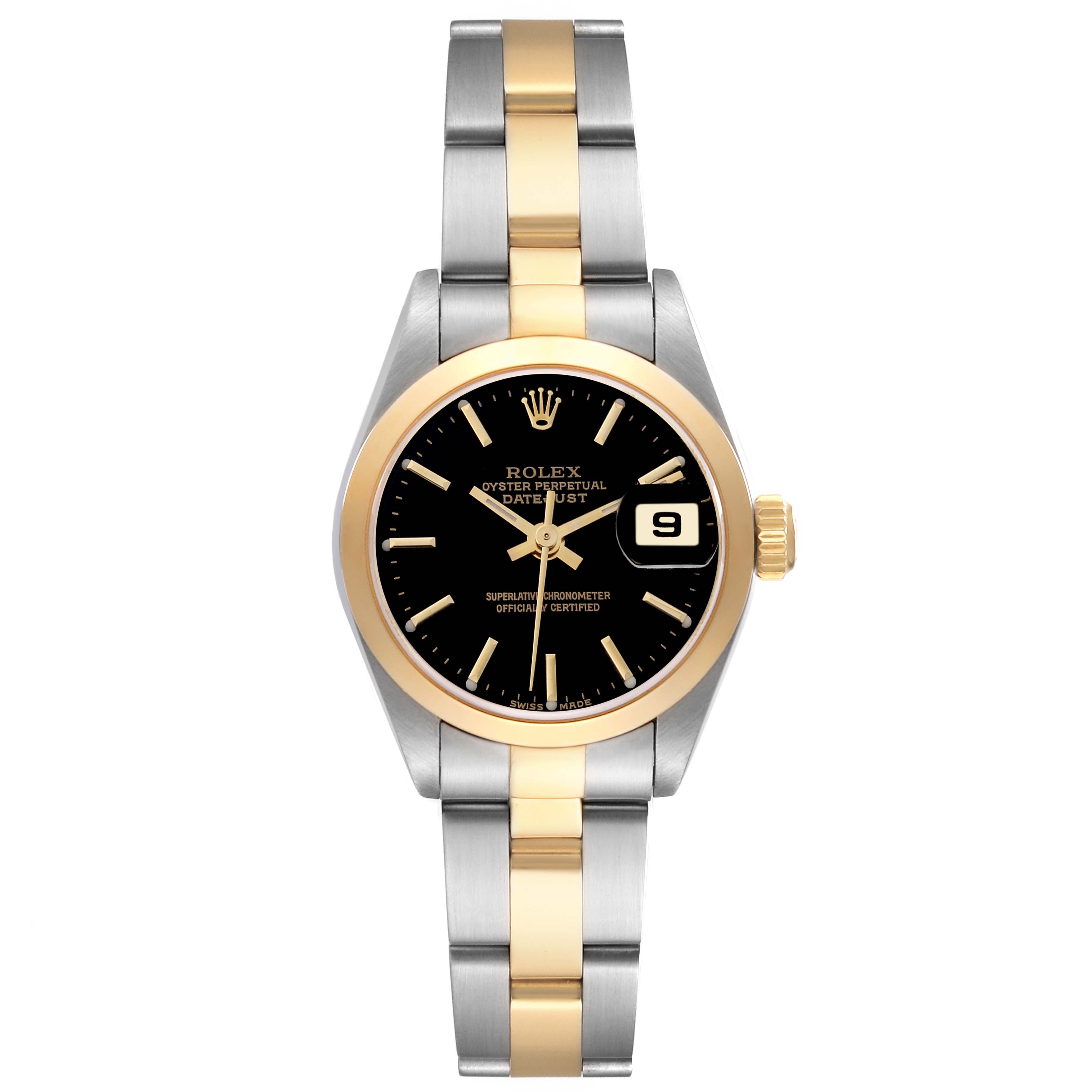 The image shows a frontal view of a Rolex Datejust 79163 Women's Steel and Gold (two tone) Black Dial 79163 Women's Steel and Gold (two tone) Black Dial watch, displaying its black dial, gold bezel, crown, and two-tone metal bracelet.