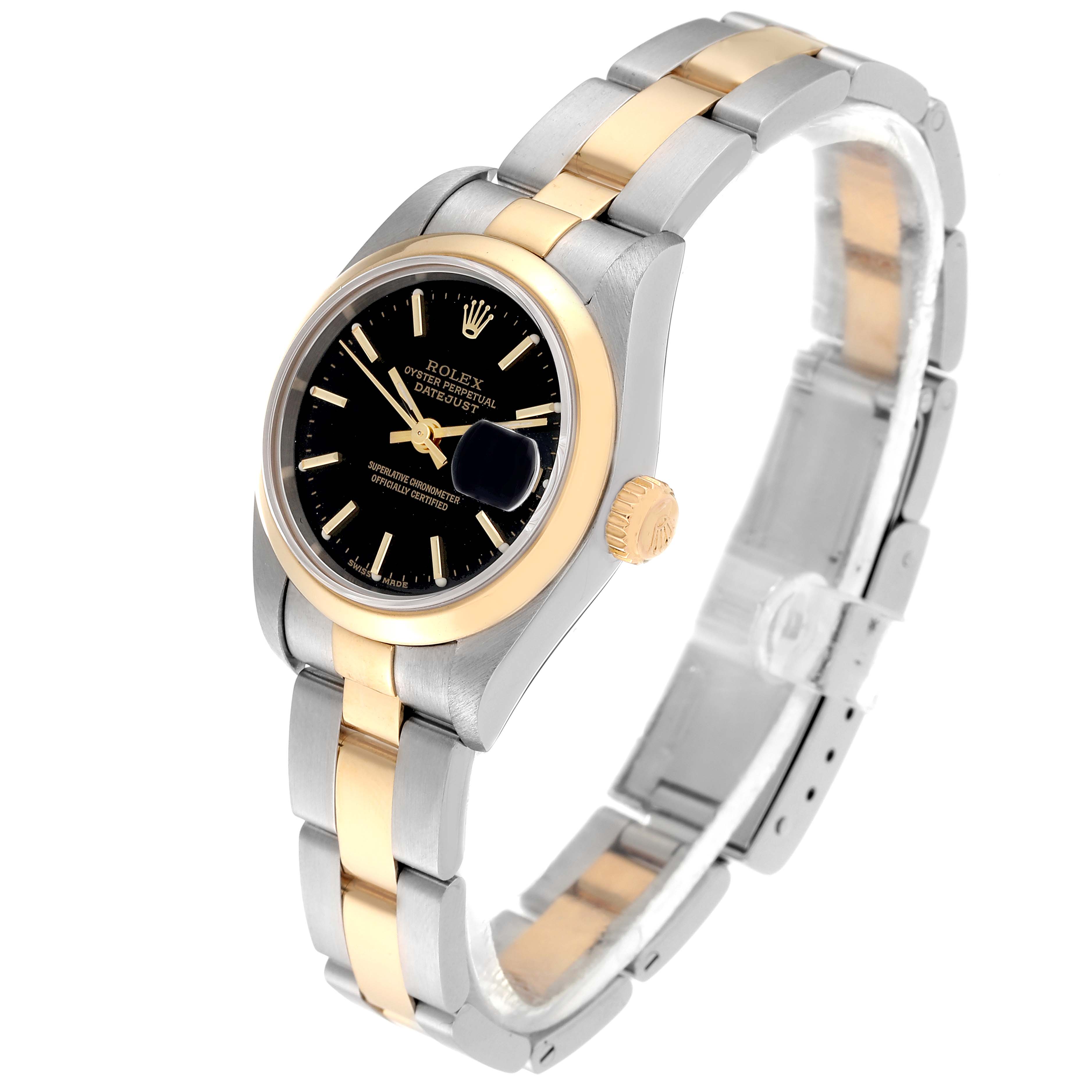 This image shows a Rolex Datejust 79163 Women's Steel and Gold (two tone) Black Dial 79163 Women's Steel and Gold (two tone) Black Dial watch at a slight angle, highlighting the bracelet, case, bezel, and crown.
