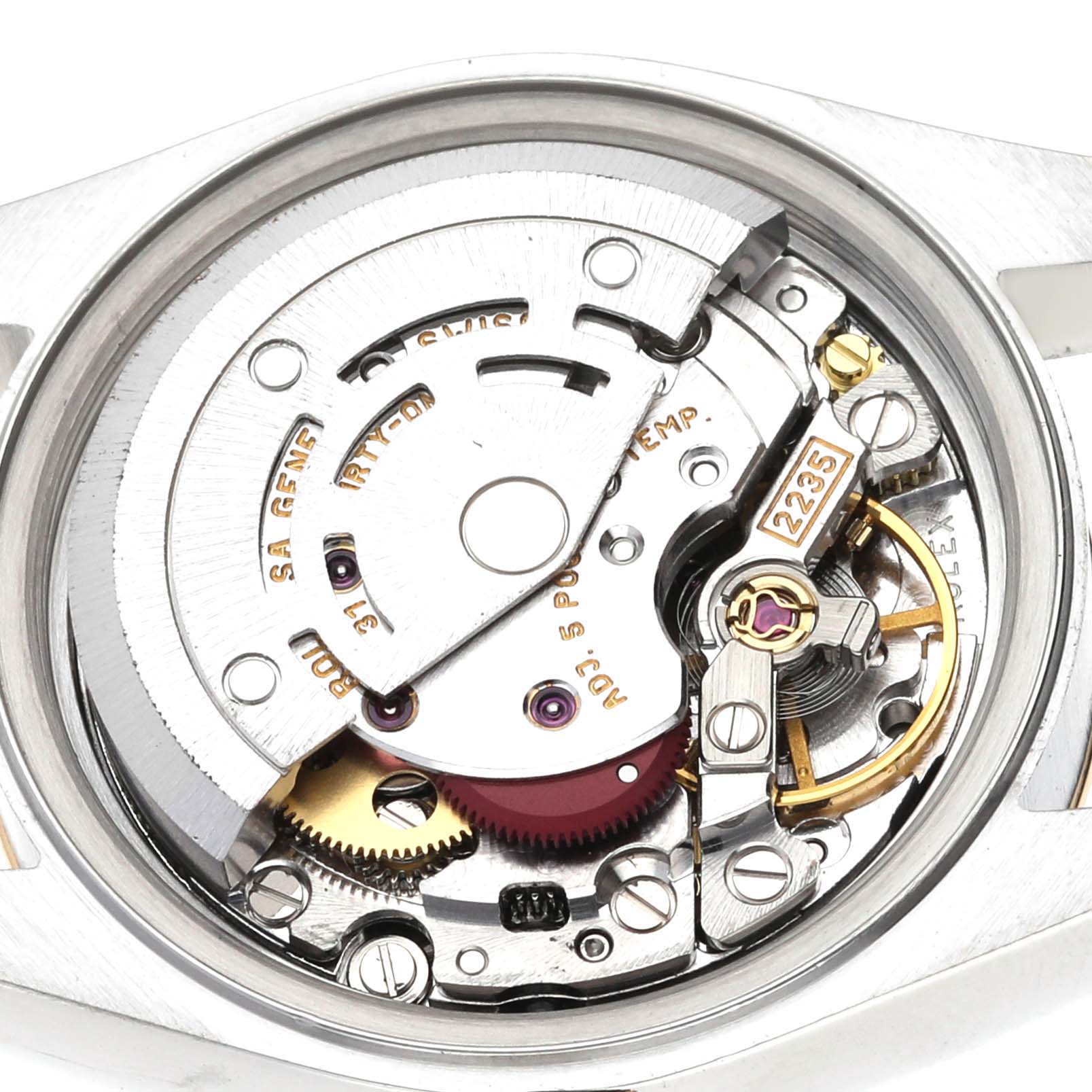 This image shows the internal movement mechanism of a Rolex Datejust 79163 Women's Steel and Gold (two tone) Black Dial 79163 Women's Steel and Gold (two tone) Black Dial watch, viewed from the back.