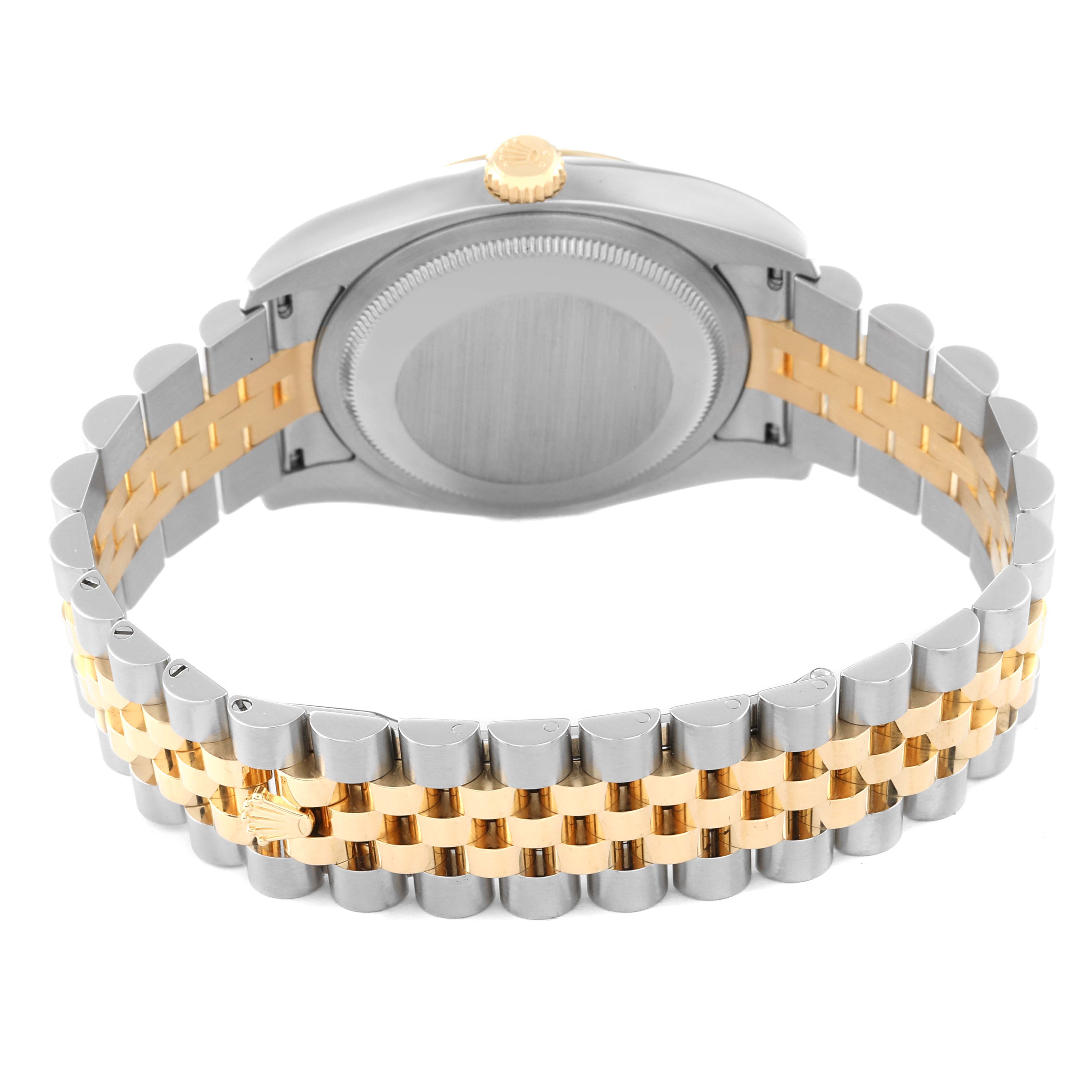 The image shows the back view of a Rolex Datejust 116233 Men's Steel and Gold (two tone) Black Dial 116233 Men's Steel and Gold (two tone) Black Dial watch, highlighting its Jubilee bracelet with stainless steel and gold links.