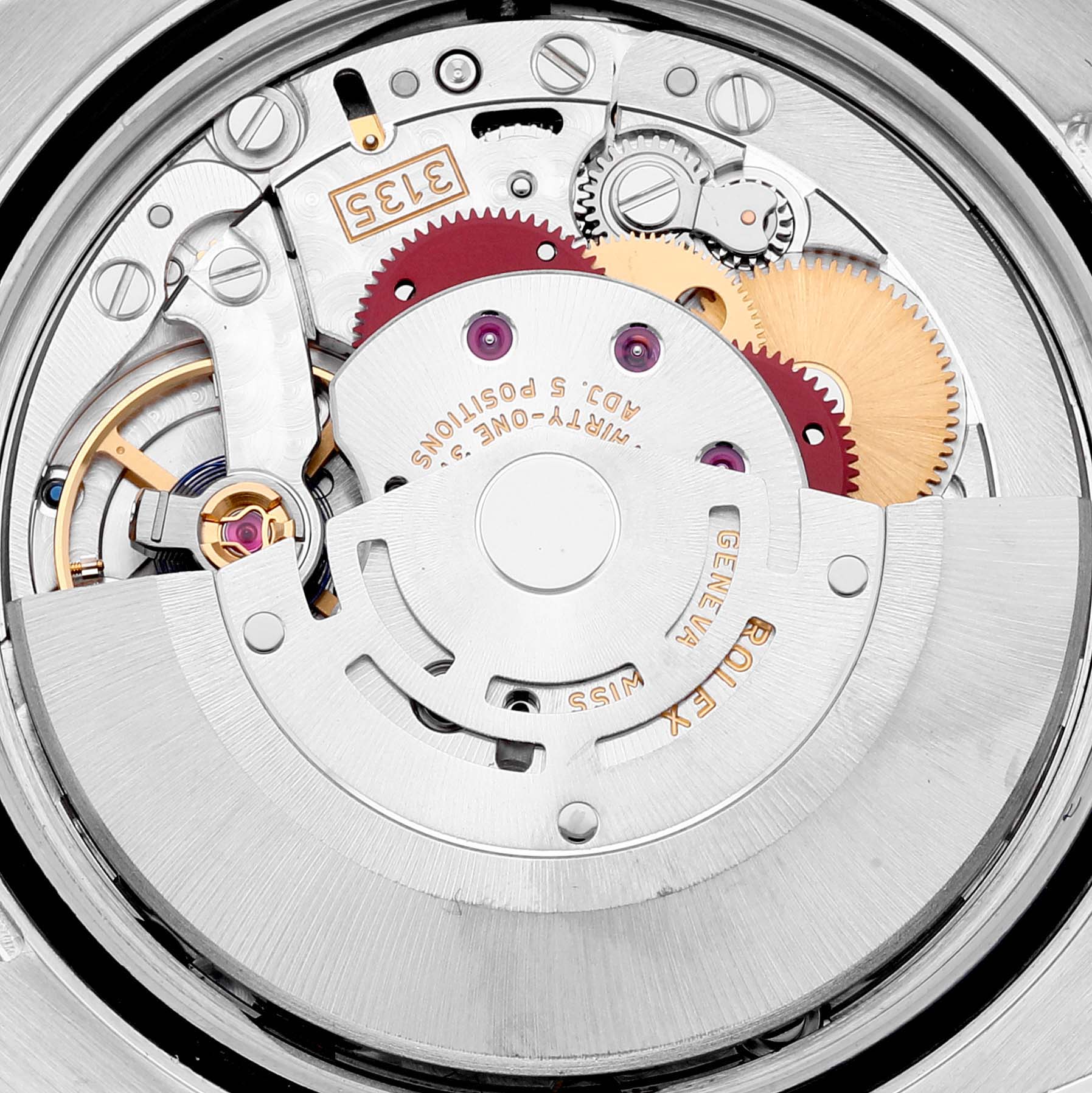 This image shows the intricate internal mechanism and movement parts of a Rolex Datejust 116233 Men's Steel and Gold (two tone) Black Dial 116233 Men's Steel and Gold (two tone) Black Dial watch from a close-up, top-down angle.