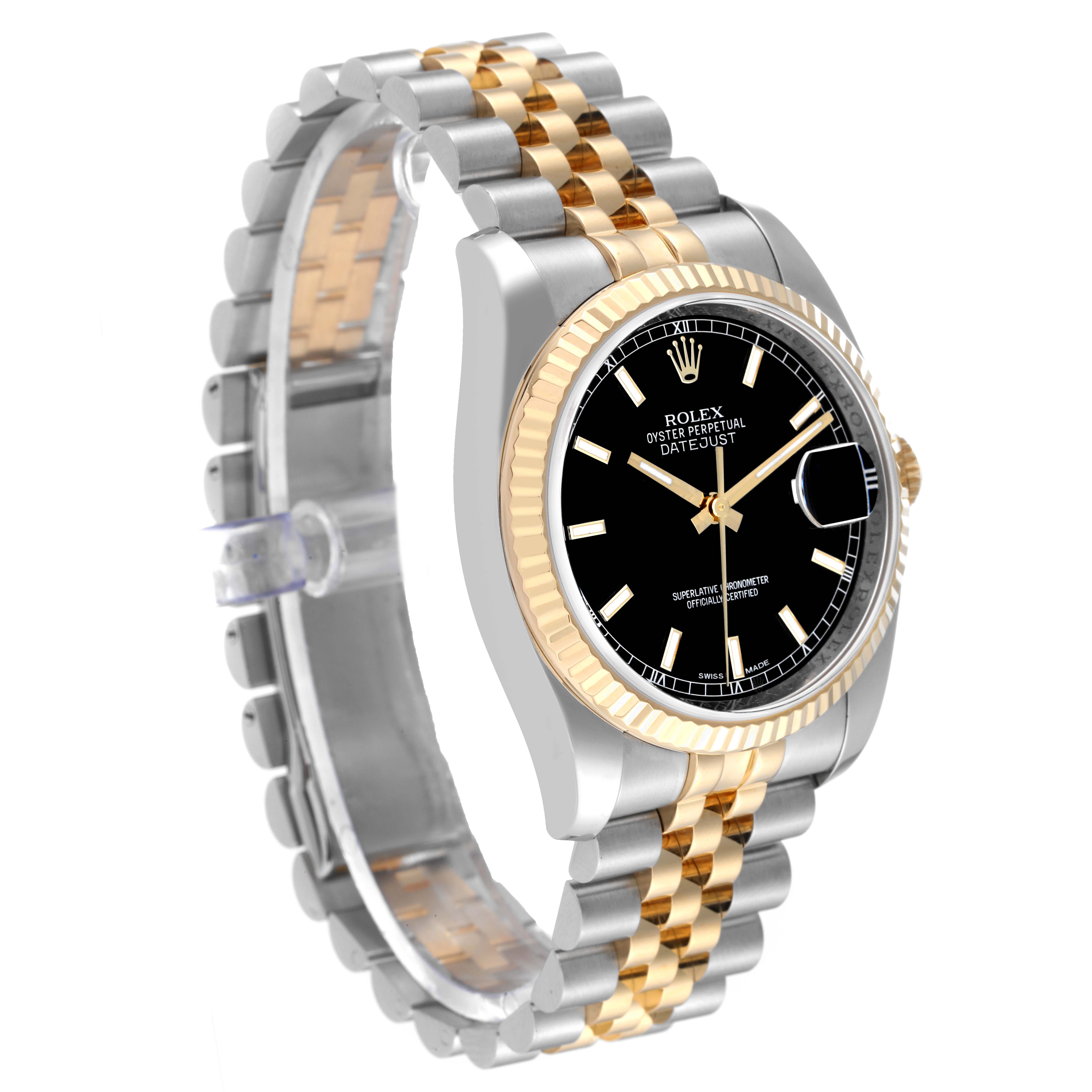 The image shows a Rolex Datejust 116233 Men's Steel and Gold (two tone) Black Dial 116233 Men's Steel and Gold (two tone) Black Dial watch at a three-quarter angle, highlighting its black dial, fluted bezel, and two-tone bracelet.
