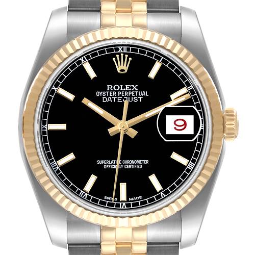 Photo of Rolex Datejust Steel Yellow Gold Black Dial Mens Watch 116233 Box Card