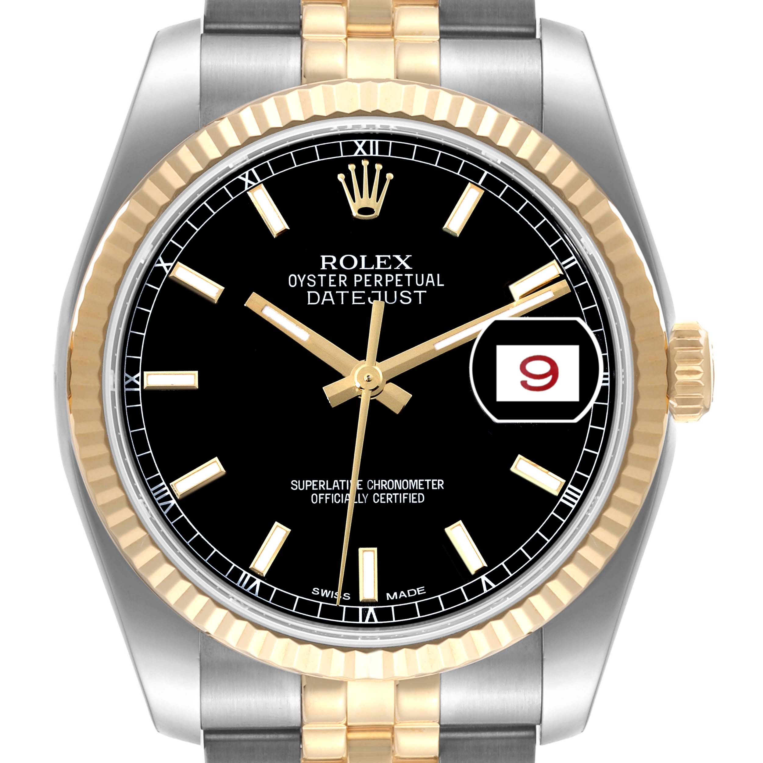 This image shows a front view of the Rolex Datejust 116233 Men's Steel and Gold (two tone) Black Dial 116233 Men's Steel and Gold (two tone) Black Dial watch, featuring the watch face, bezel, and part of the strap.