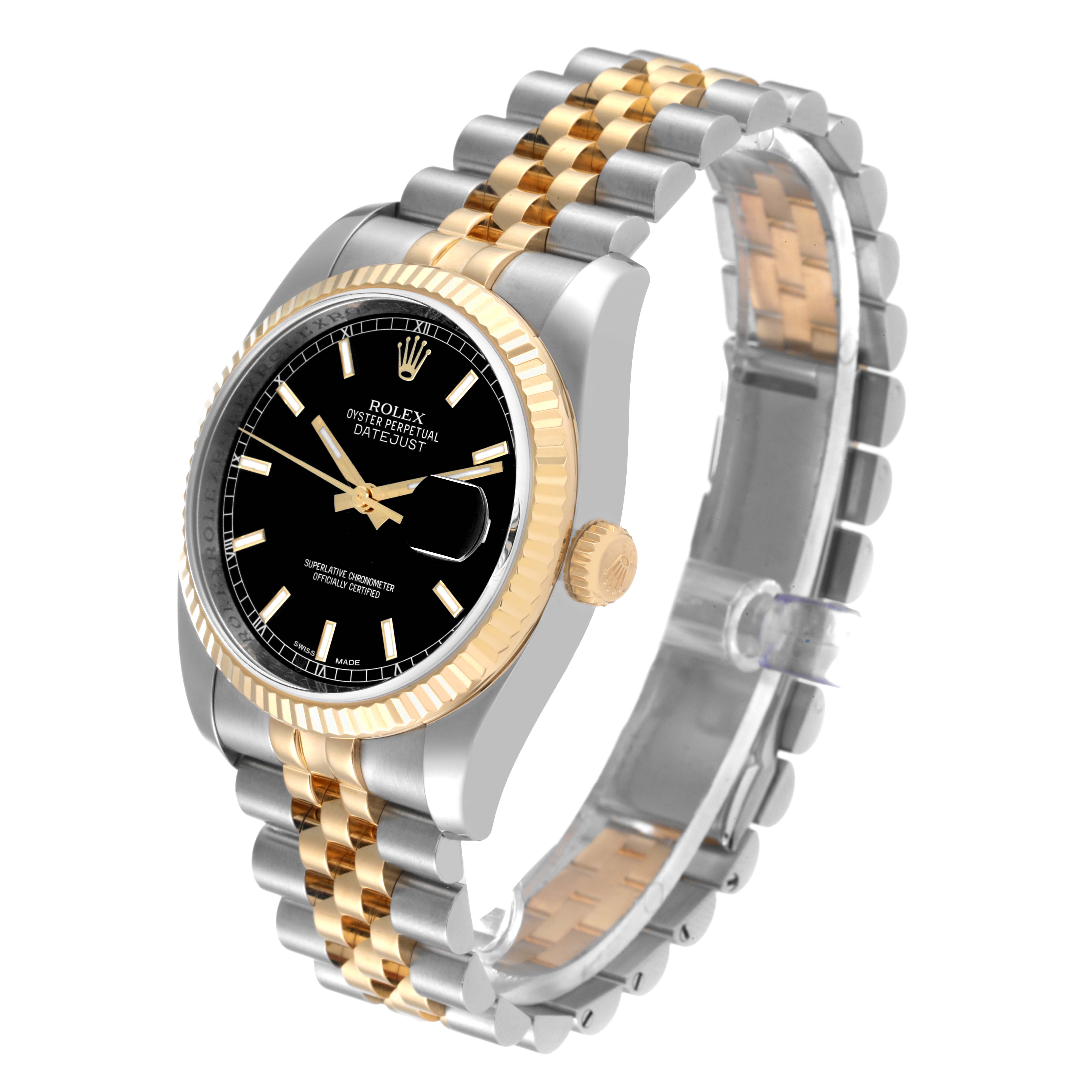 This image shows a Rolex Datejust 116233 Men's Steel and Gold (two tone) Black Dial 116233 Men's Steel and Gold (two tone) Black Dial watch at a slight angle, displaying its black dial, gold fluted bezel, and two-tone Jubilee bracelet.