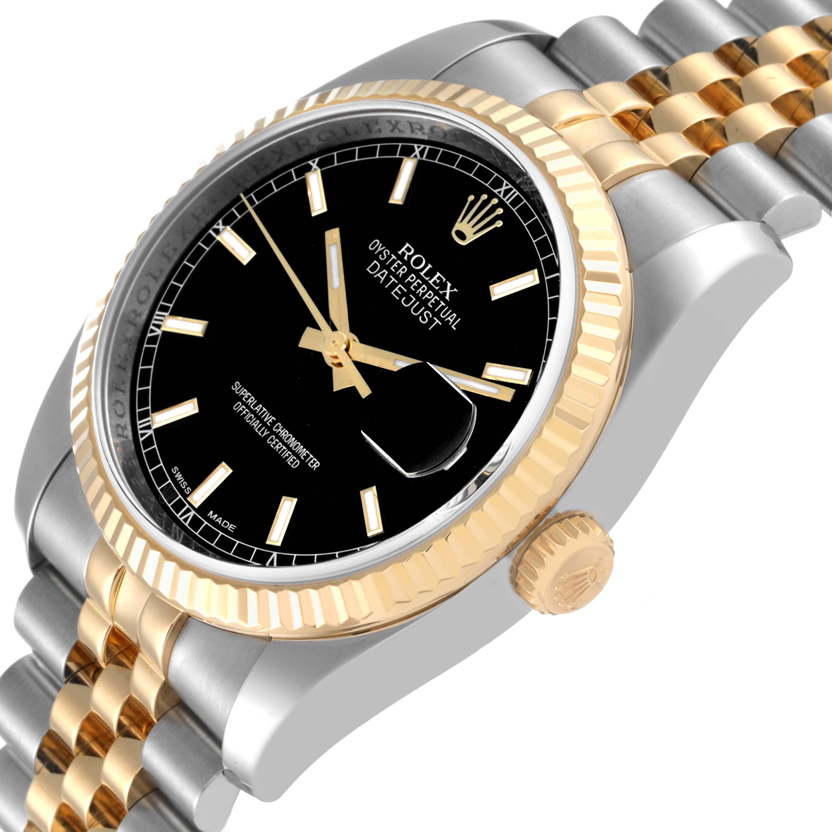 The image shows a close-up angled view of the Rolex Datejust 116233 Men's Steel and Gold (two tone) Black Dial 116233 Men's Steel and Gold (two tone) Black Dial watch, highlighting the black dial, gold fluted bezel, and two-tone bracelet.
