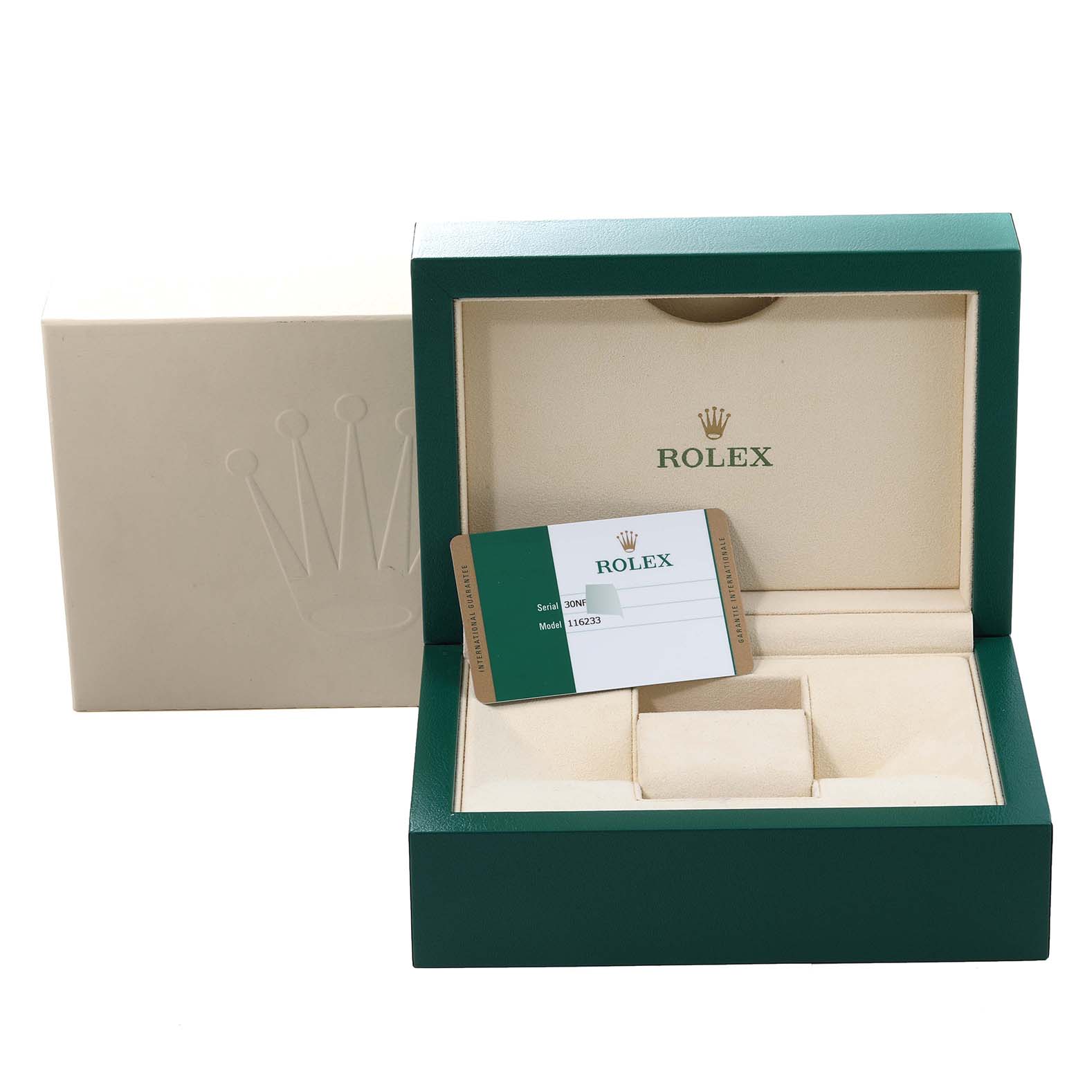The image shows the opened packaging for a Rolex Datejust 116233 Men's Steel and Gold (two tone) Black Dial 116233 Men's Steel and Gold (two tone) Black Dial watch, including a warranty card and an outer box.