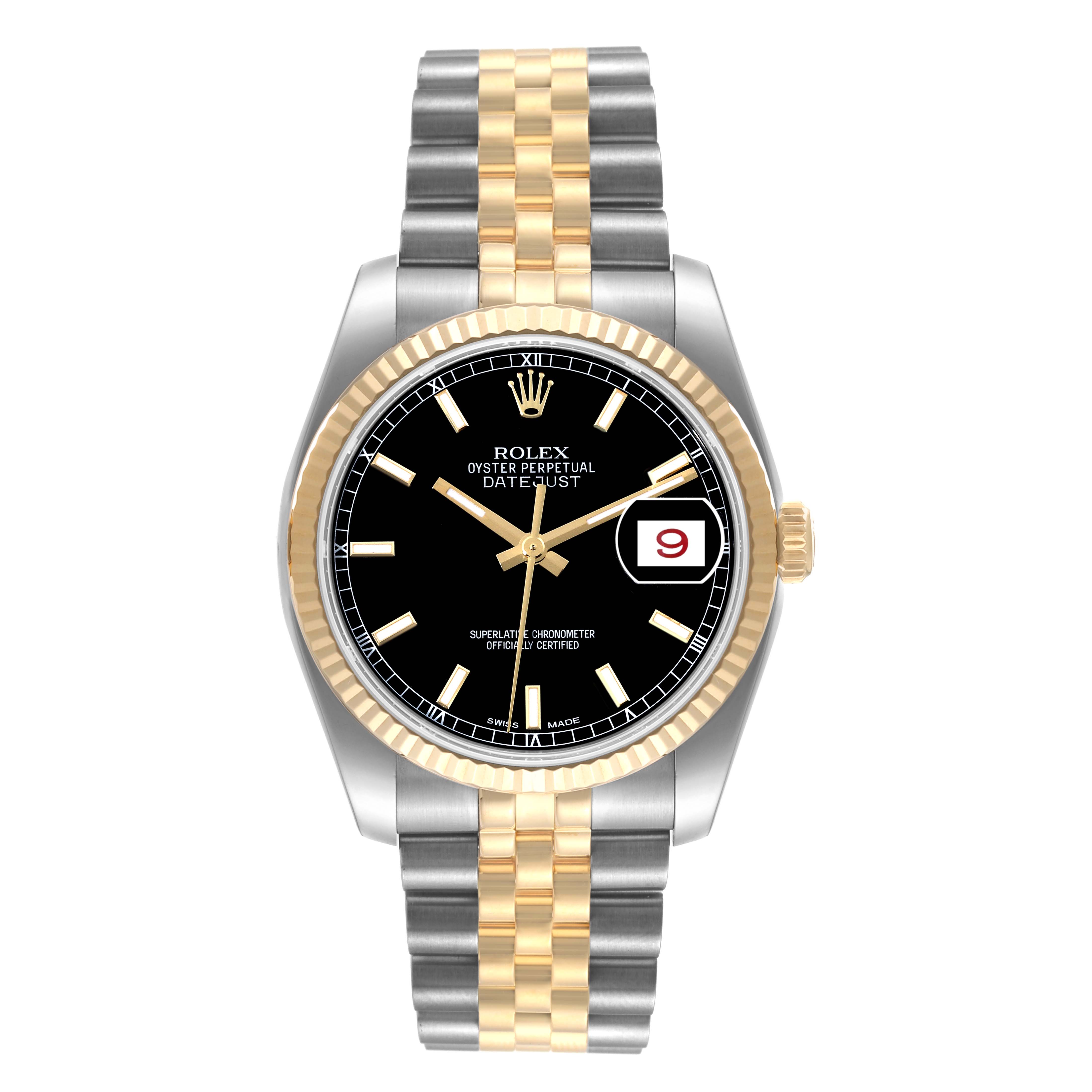 The image shows a frontal view of the Rolex Datejust 116233 Men's Steel and Gold (two tone) Black Dial 116233 Men's Steel and Gold (two tone) Black Dial watch, featuring a black dial, two-tone bracelet, and a date window at 3 o'clock.