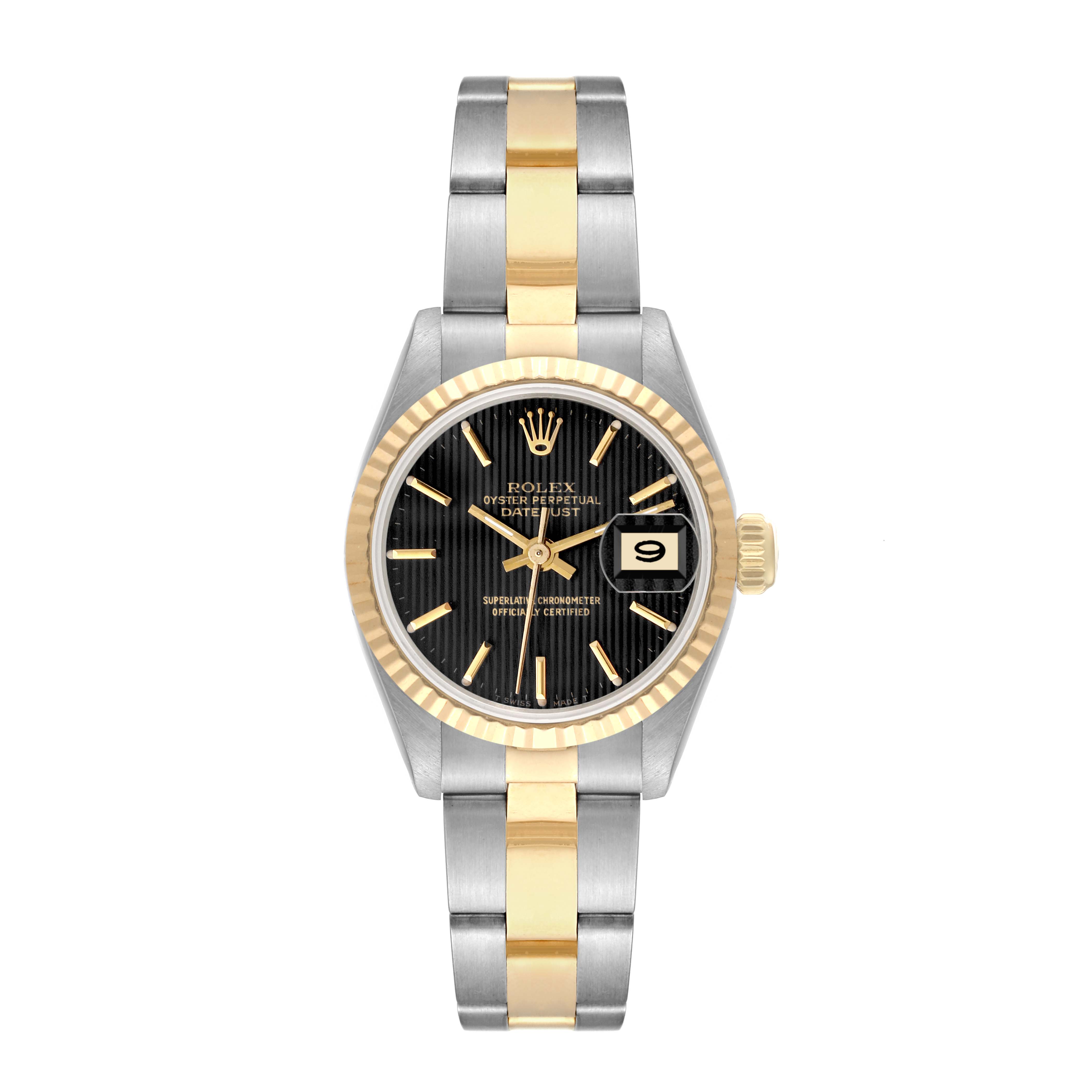 This image displays a front view of the Rolex Datejust 69173 Women's Steel and Gold (two tone) Black Dial 69173 Women's Steel and Gold (two tone) Black Dial watch, showing its dial, bezel, and bi-tone bracelet.