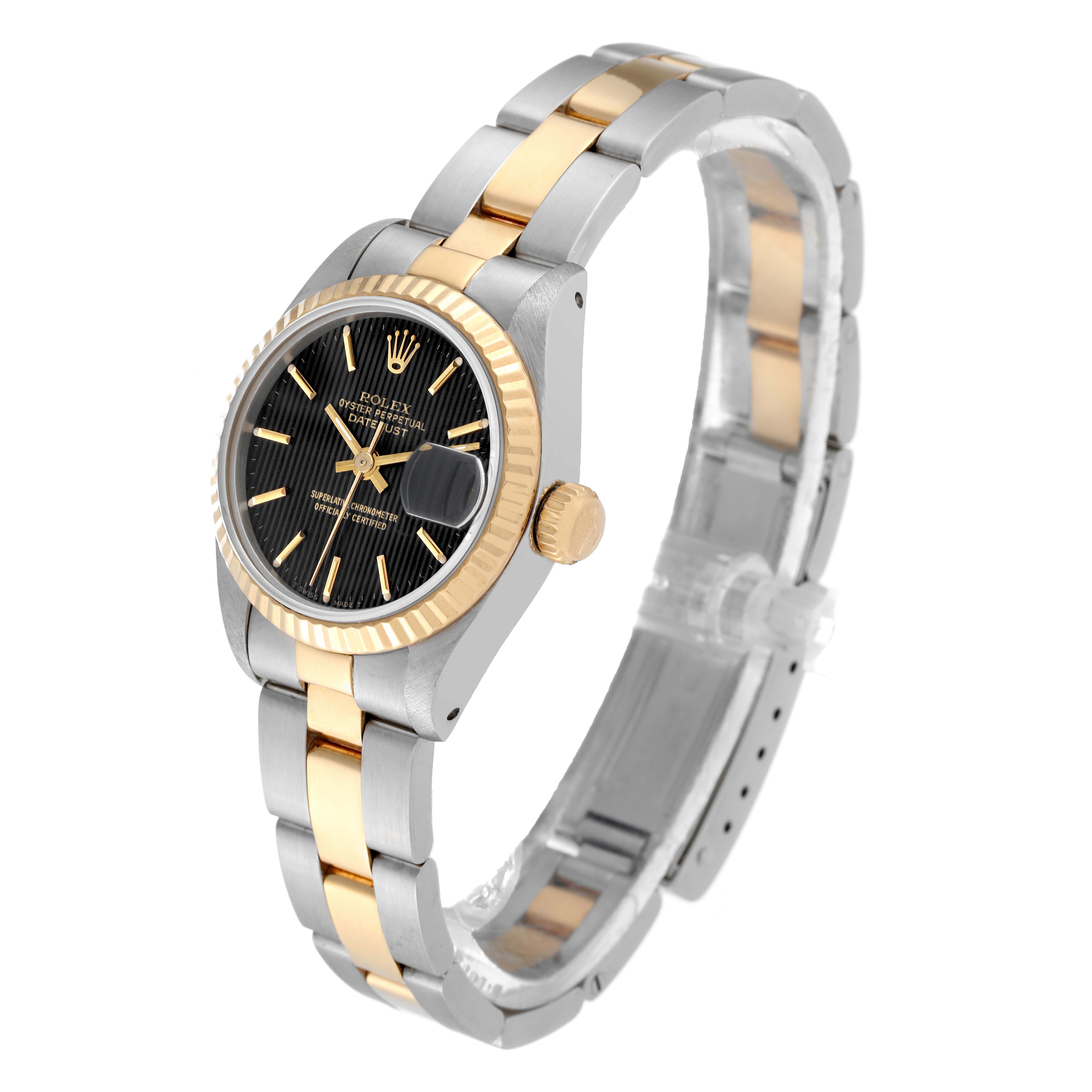 This image shows a Rolex Datejust 69173 Women's Steel and Gold (two tone) Black Dial 69173 Women's Steel and Gold (two tone) Black Dial watch at a three-quarter angle, highlighting the black dial, gold bezel, and two-tone bracelet.
