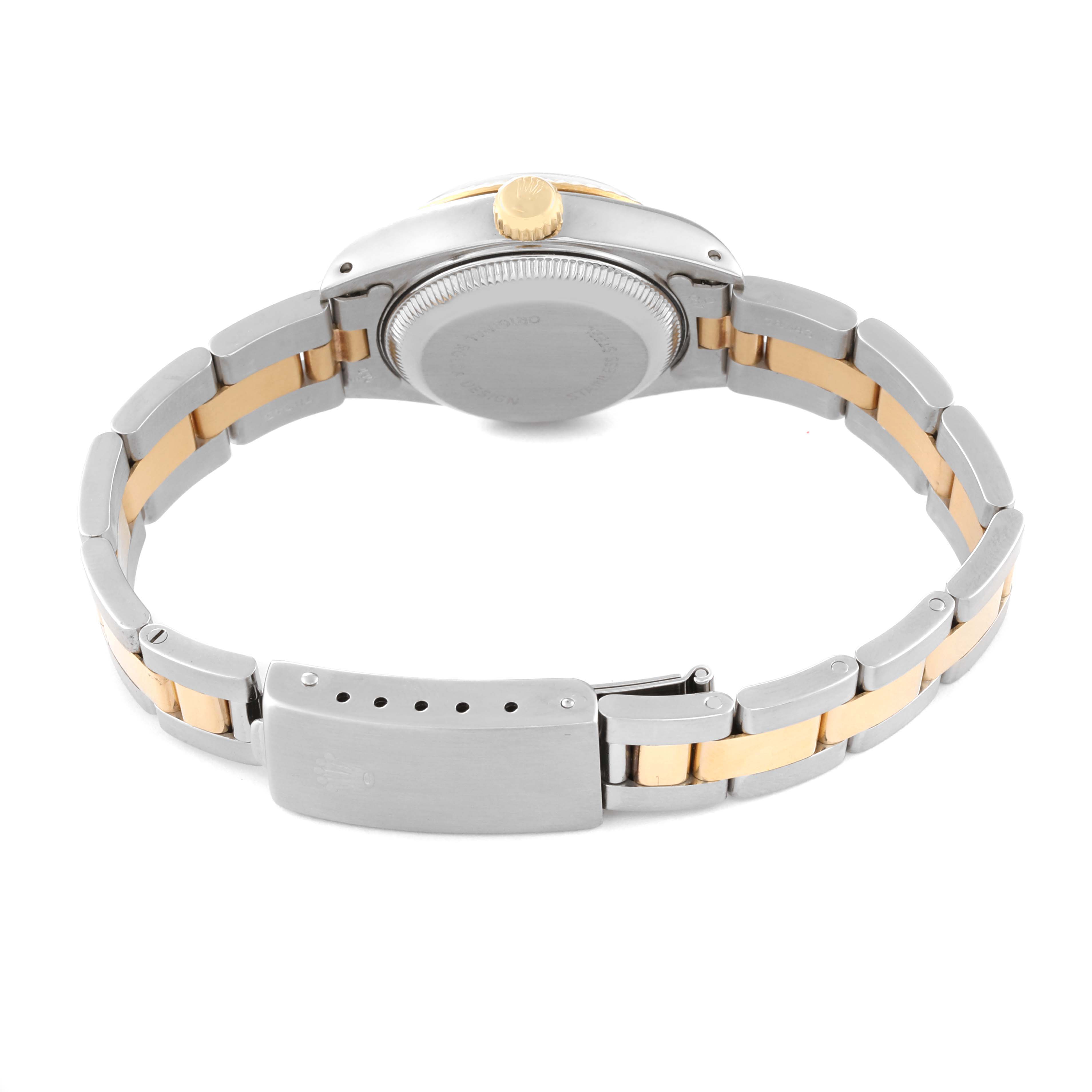 This image shows the back view of a Rolex Datejust 69173 Women's Steel and Gold (two tone) Black Dial 69173 Women's Steel and Gold (two tone) Black Dial watch, highlighting the bracelet, clasp, and crown.