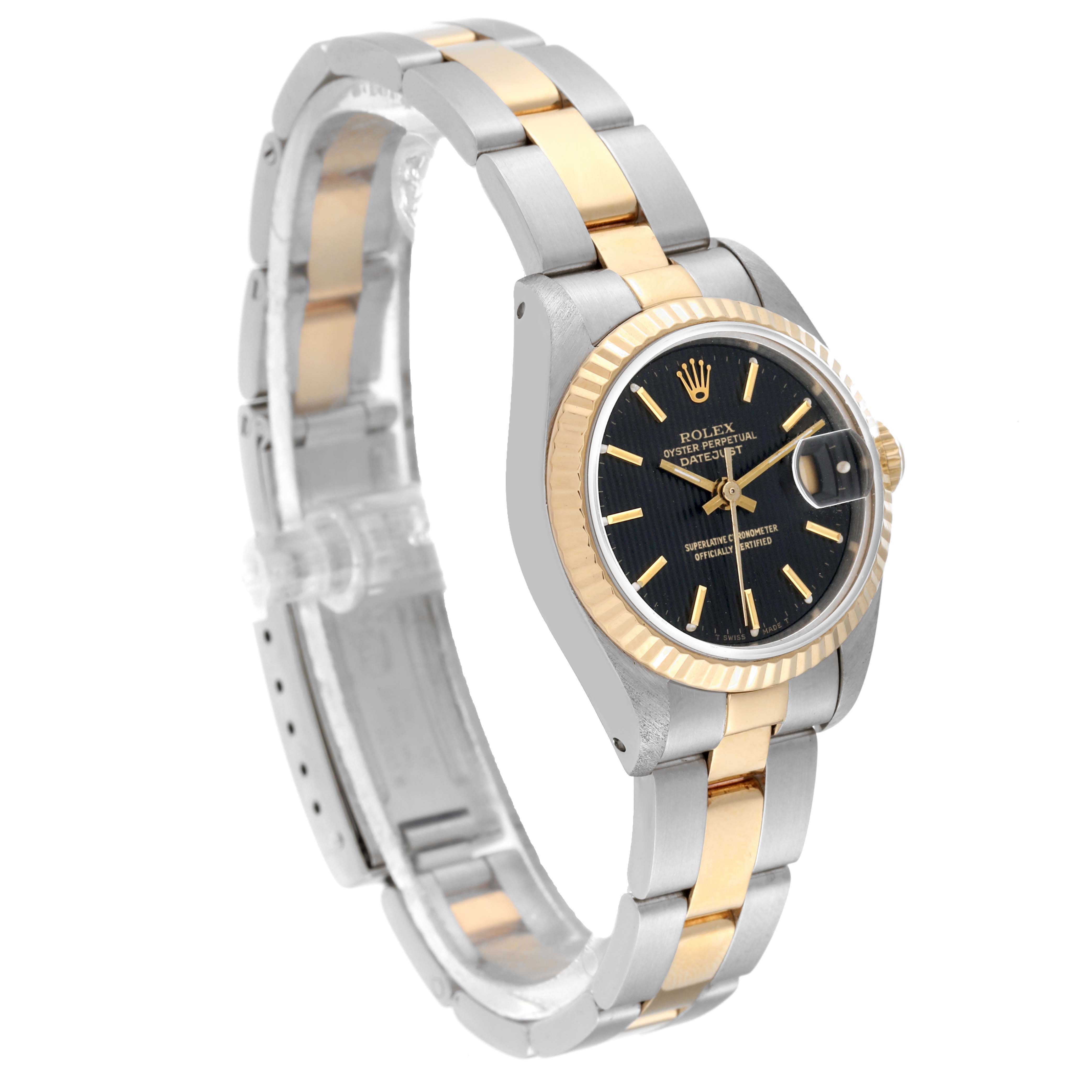 This image shows a Rolex Datejust 69173 Women's Steel and Gold (two tone) Black Dial 69173 Women's Steel and Gold (two tone) Black Dial watch at an angled top view, highlighting the bracelet and face.