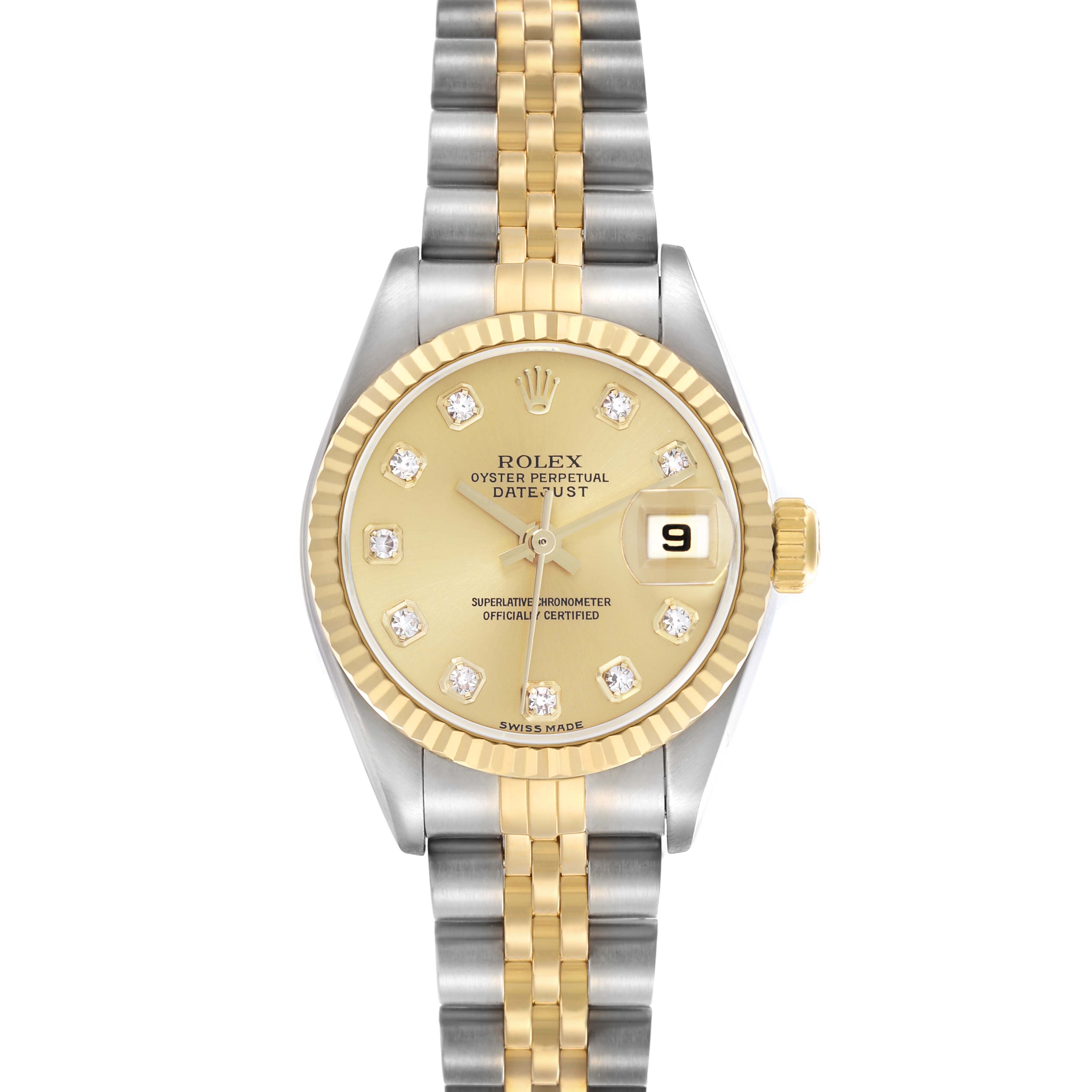 The Rolex Datejust 79173 Women
s Steel and Gold (two tone) Champagne Dial 79173 Women
s Steel and Gold (two tone) Champagne Dial is shown from a top view, featuring a gold and silver bracelet, diamond markers, and a fluted bezel.