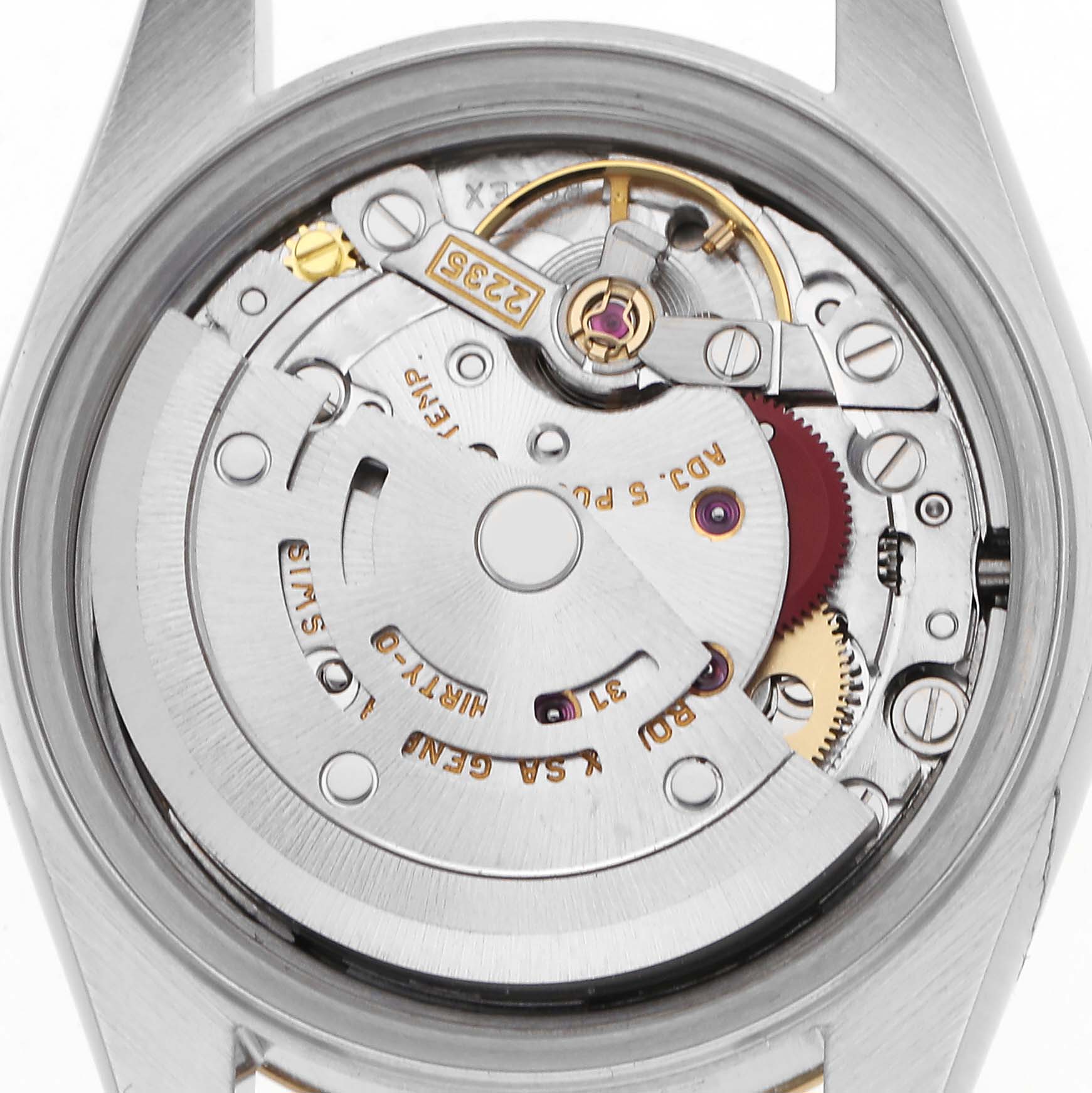 This image shows the Rolex Datejust 79173 Women
s Steel and Gold (two tone) Champagne Dial 79173 Women
s Steel and Gold (two tone) Champagne Dial watch
s movement from the back, focusing on the intricate mechanical components.