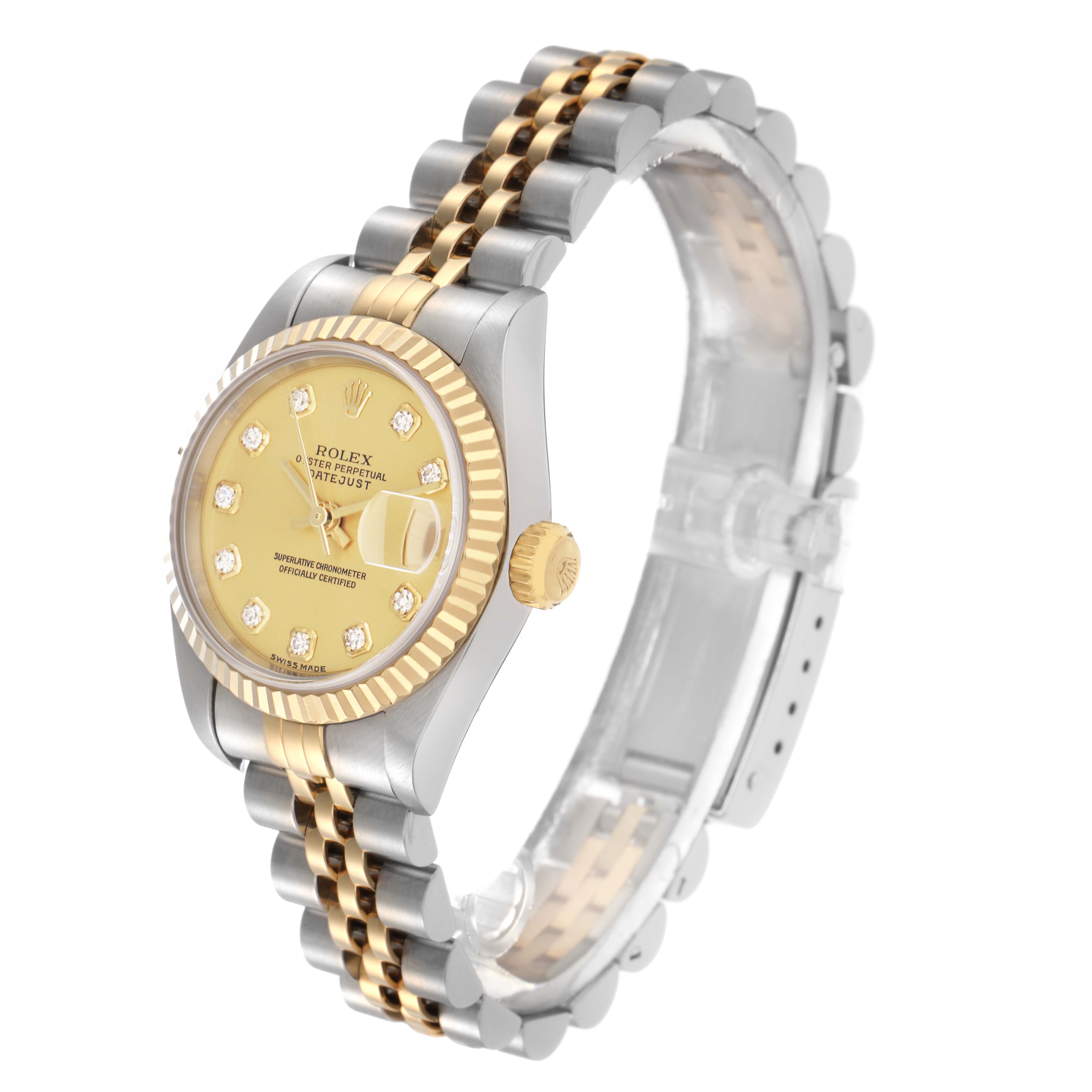The Rolex Datejust 79173 Women
s Steel and Gold (two tone) Champagne Dial 79173 Women
s Steel and Gold (two tone) Champagne Dial watch is shown at a three-quarter angle, highlighting the dial, bezel, and bracelet.