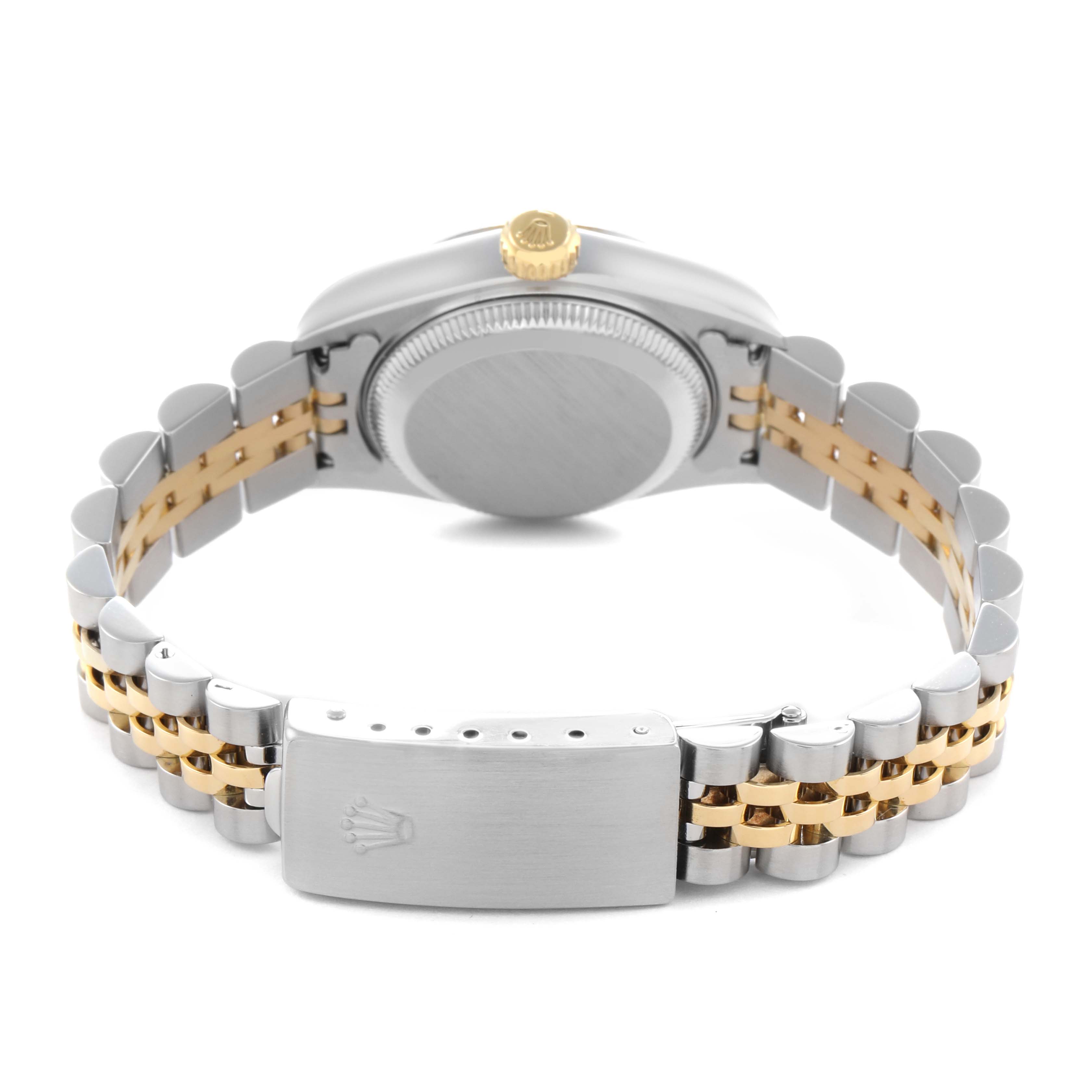 The image shows the back of a Rolex Datejust 79173 Women
s Steel and Gold (two tone) Champagne Dial 79173 Women
s Steel and Gold (two tone) Champagne Dial watch, highlighting the clasp, bracelet, case back, and crown from a rear angle.