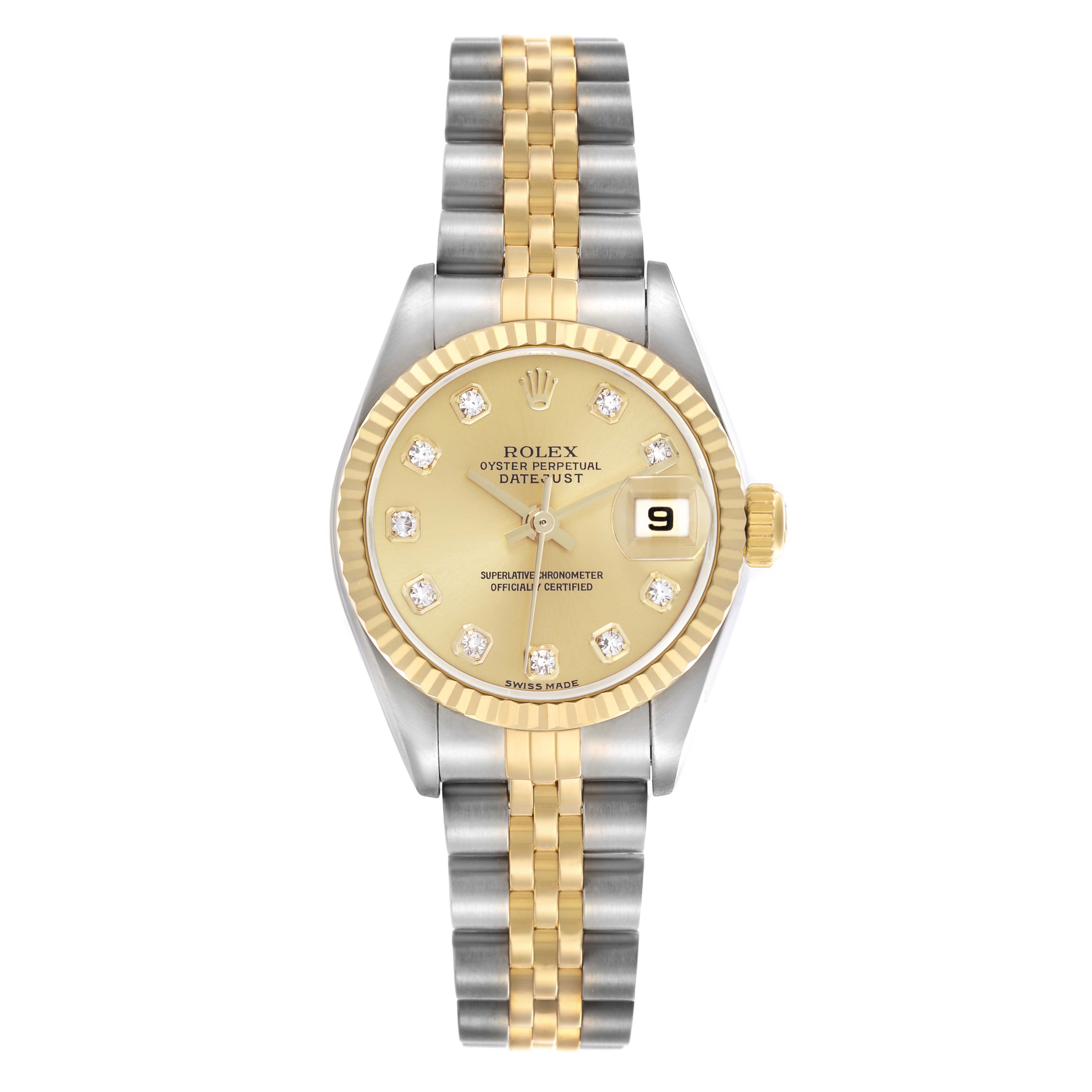The Rolex Datejust 79173 Women
s Steel and Gold (two tone) Champagne Dial 79173 Women
s Steel and Gold (two tone) Champagne Dial watch is shown from a top view, highlighting its gold face, fluted bezel, jubilee bracelet, and date window.
