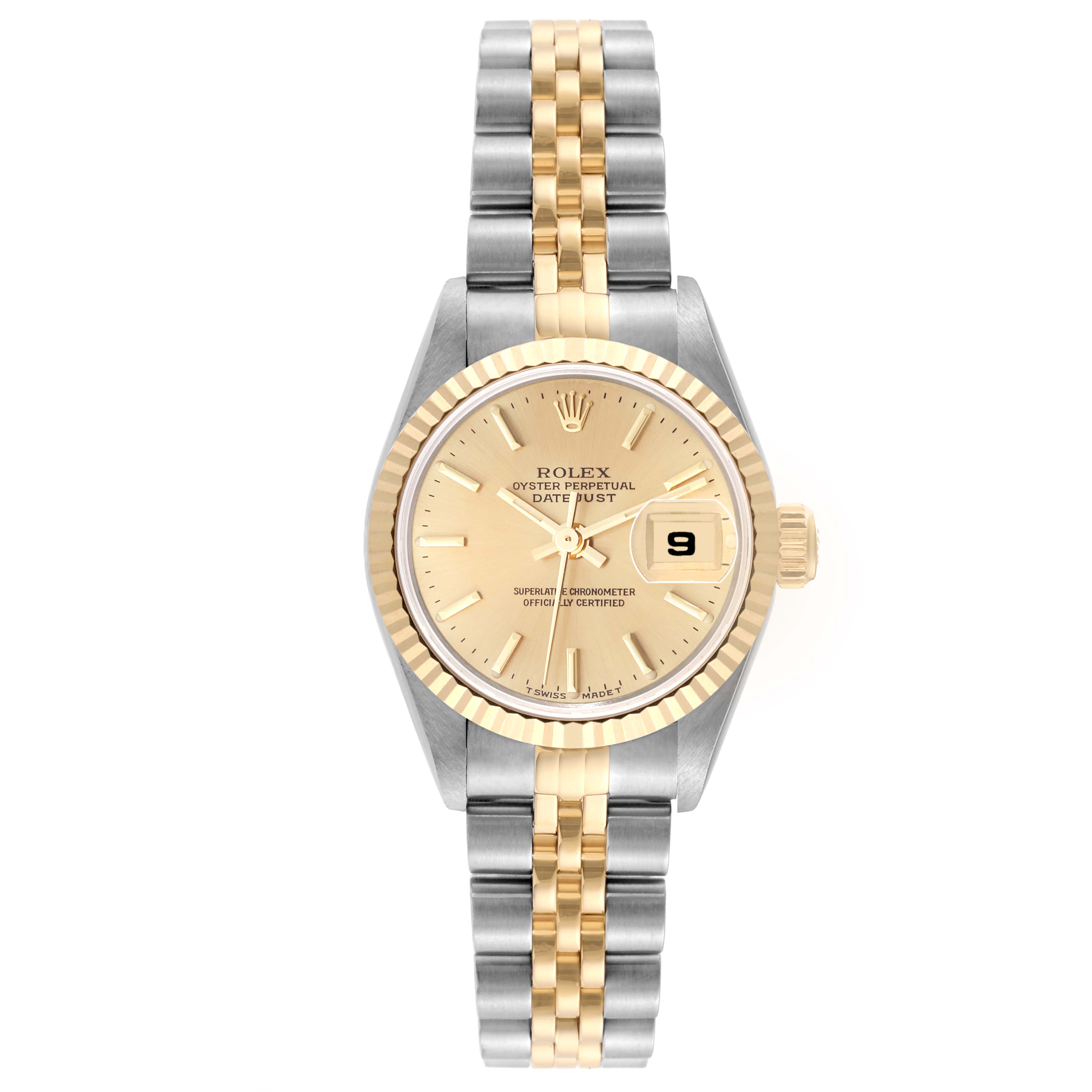 The image shows a Rolex Datejust 69173 Women's Steel and Gold (two tone) Champagne Dial 69173 Women's Steel and Gold (two tone) Champagne Dial watch from a front angle, highlighting the two-tone bracelet, champagne dial, and date window.