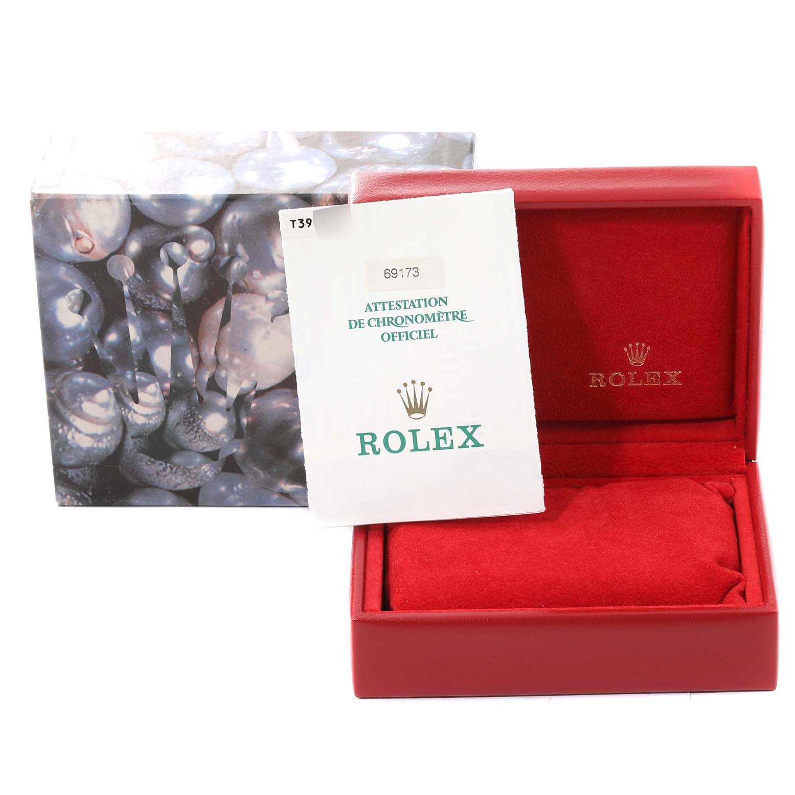 The image shows a Rolex Datejust 69173 Women's Steel and Gold (two tone) Champagne Dial 69173 Women's Steel and Gold (two tone) Champagne Dial watch box, official chronometer certification, and outer packaging.