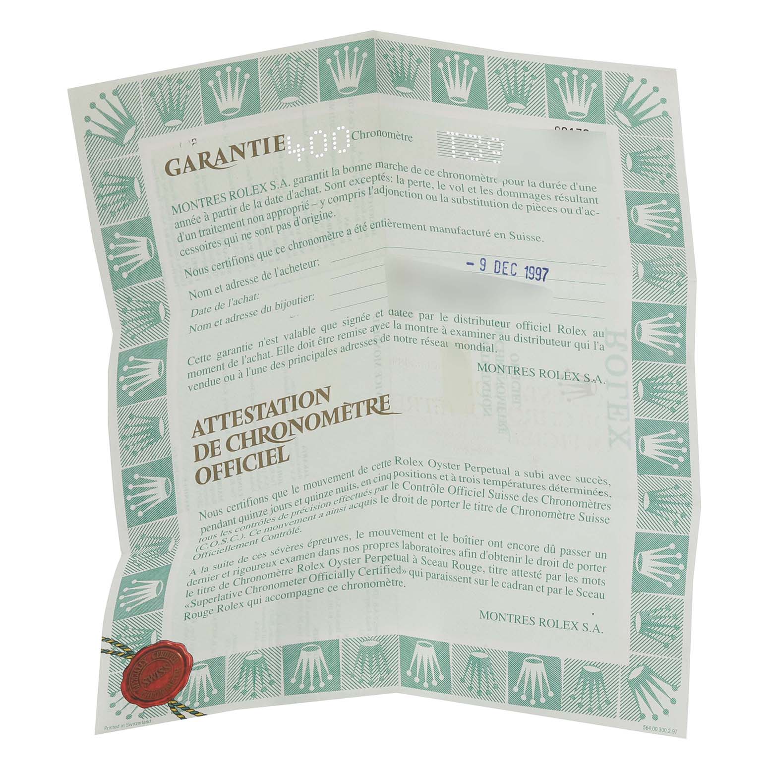 This image shows the original warranty and chronometer certification for a Rolex Datejust 69173 Women's Steel and Gold (two tone) Champagne Dial 69173 Women's Steel and Gold (two tone) Champagne Dial watch.