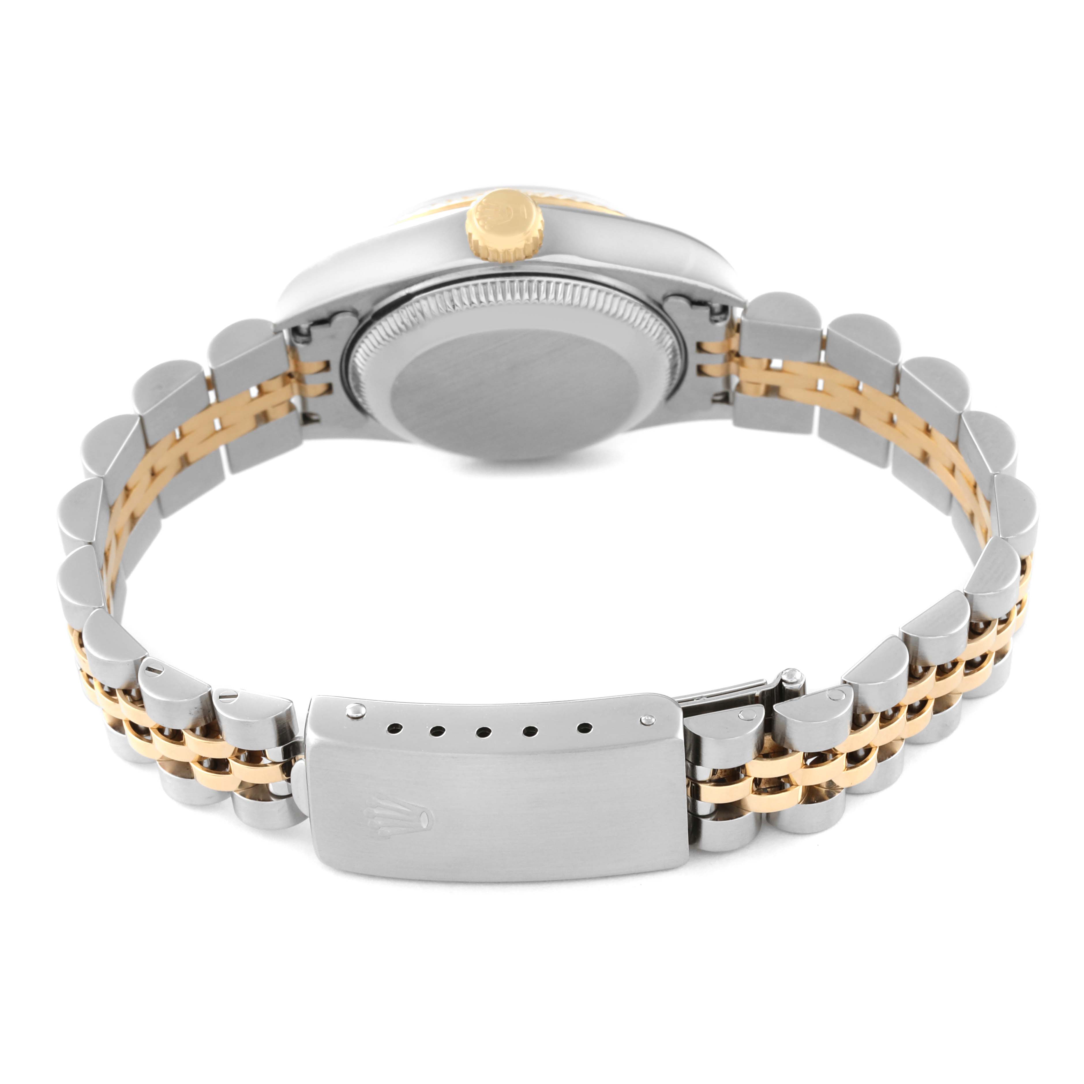 This image shows the back view of the Rolex Datejust 69173 Women's Steel and Gold (two tone) Champagne Dial 69173 Women's Steel and Gold (two tone) Champagne Dial watch, including the case back, bracelet, and clasp.