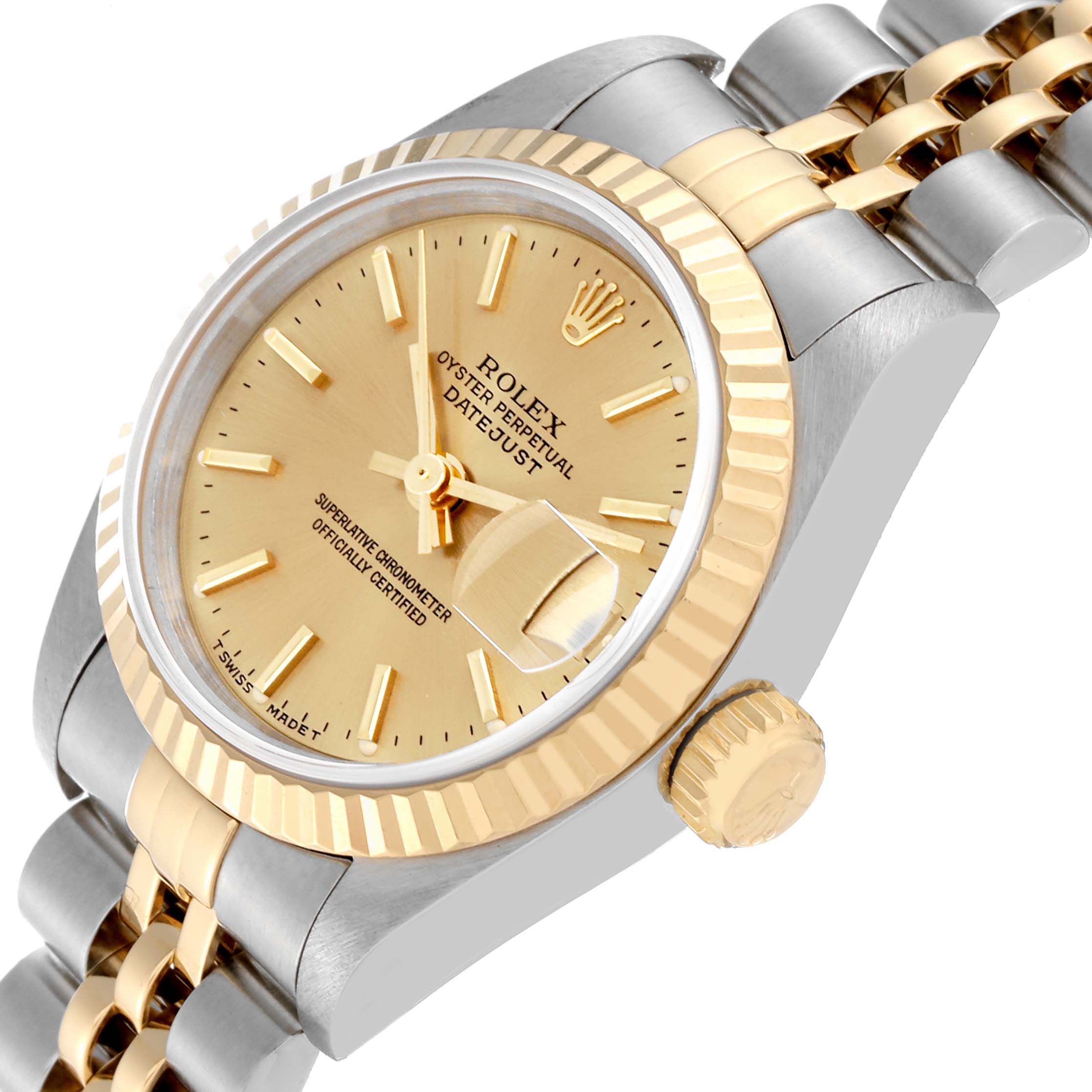 This image shows a close-up angle of the Rolex Datejust 69173 Women's Steel and Gold (two tone) Champagne Dial 69173 Women's Steel and Gold (two tone) Champagne Dial watch, focusing on the face, bezel, crown, and part of the bracelet.