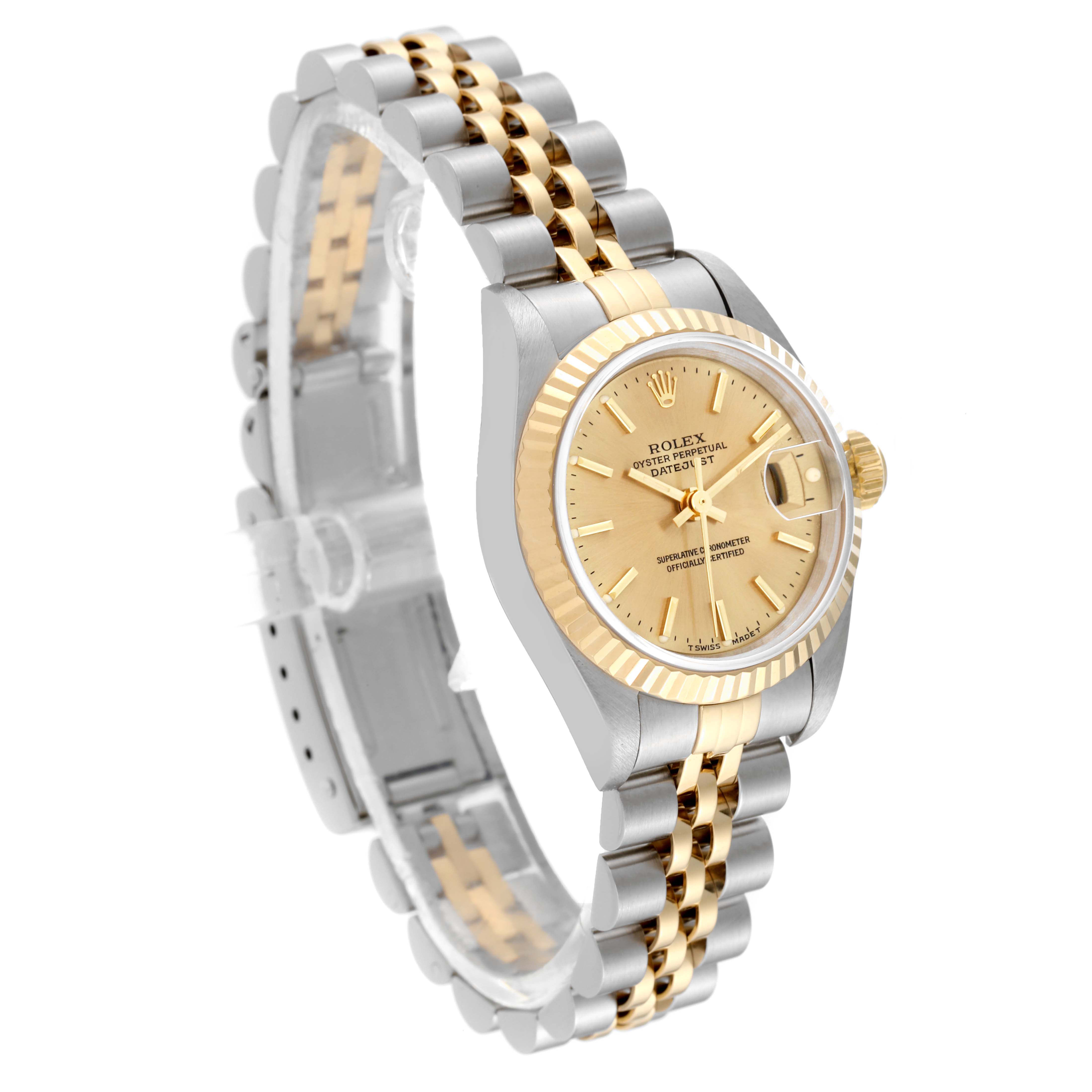 This Rolex Datejust 69173 Women's Steel and Gold (two tone) Champagne Dial 69173 Women's Steel and Gold (two tone) Champagne Dial watch is shown at an angled view, highlighting its two-tone bracelet, gold bezel, and gold dial.