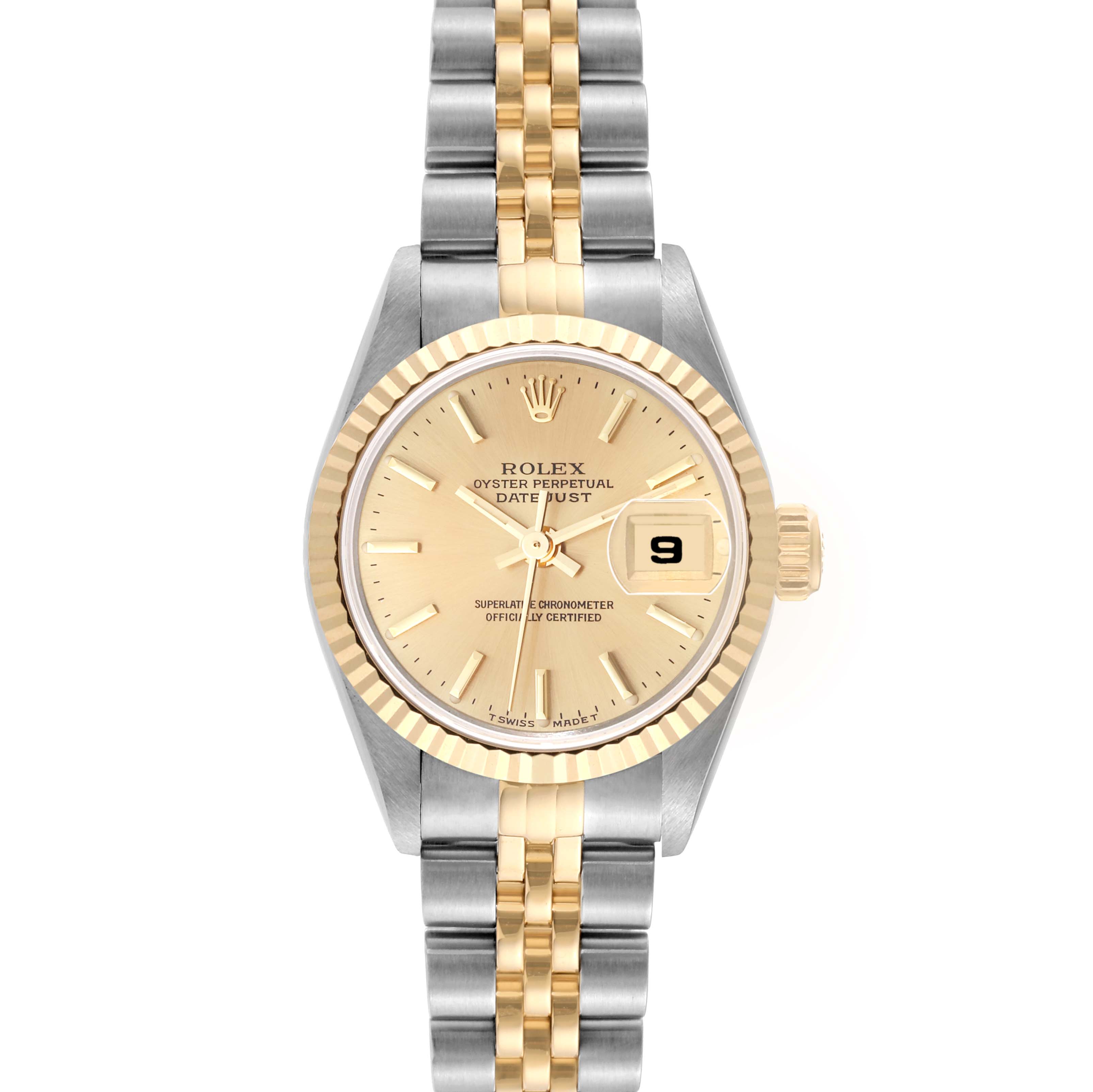 This image shows a front view of a Rolex Datejust 69173 Women's Steel and Gold (two tone) Champagne Dial 69173 Women's Steel and Gold (two tone) Champagne Dial watch, displaying the face, bezel, crown, and bracelet.