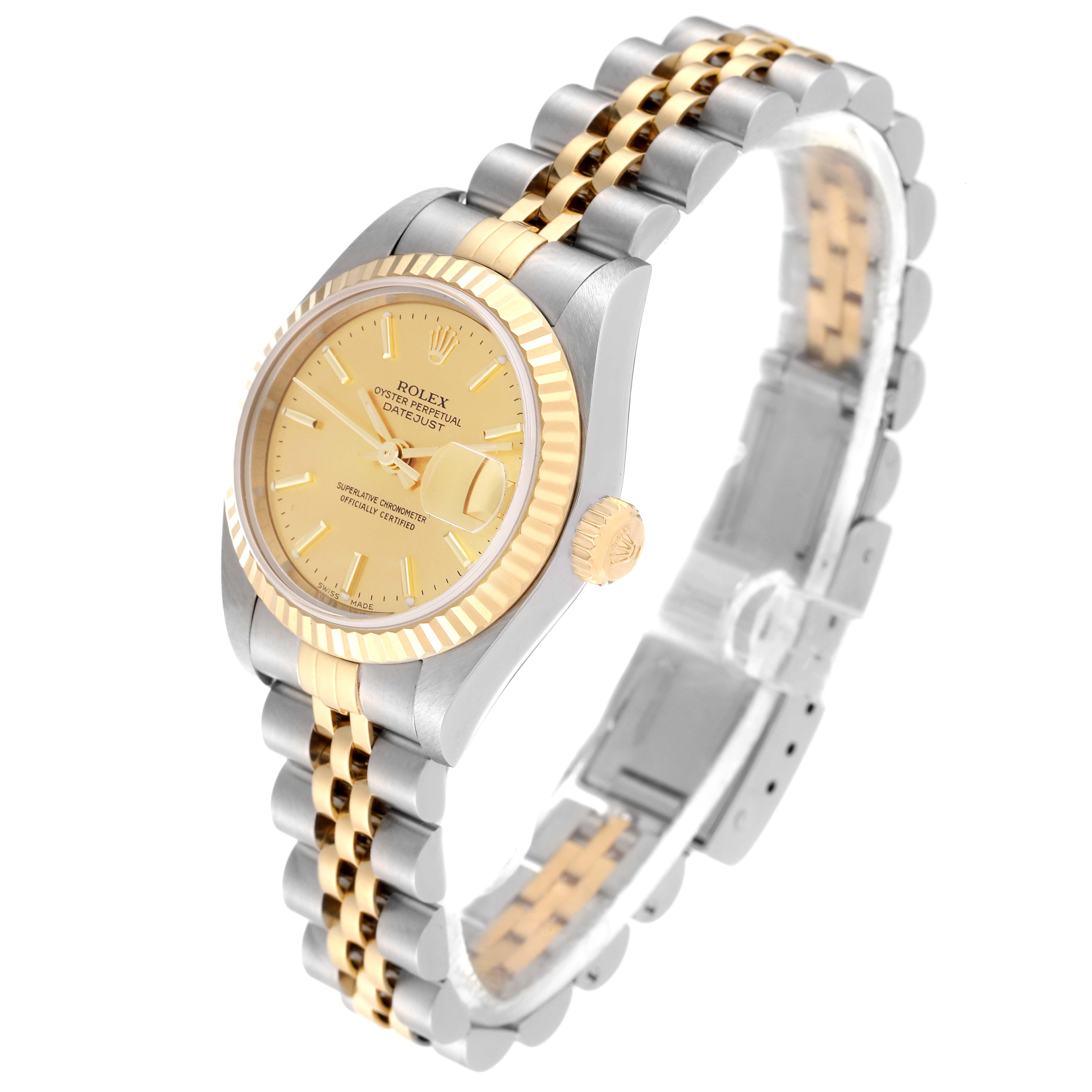 This image shows a Rolex Datejust 79173 Women's Steel and Gold (two tone) Champagne Dial 79173 Women's Steel and Gold (two tone) Champagne Dial watch at a slight angle, highlighting its gold and silver bracelet, face, and fluted bezel.