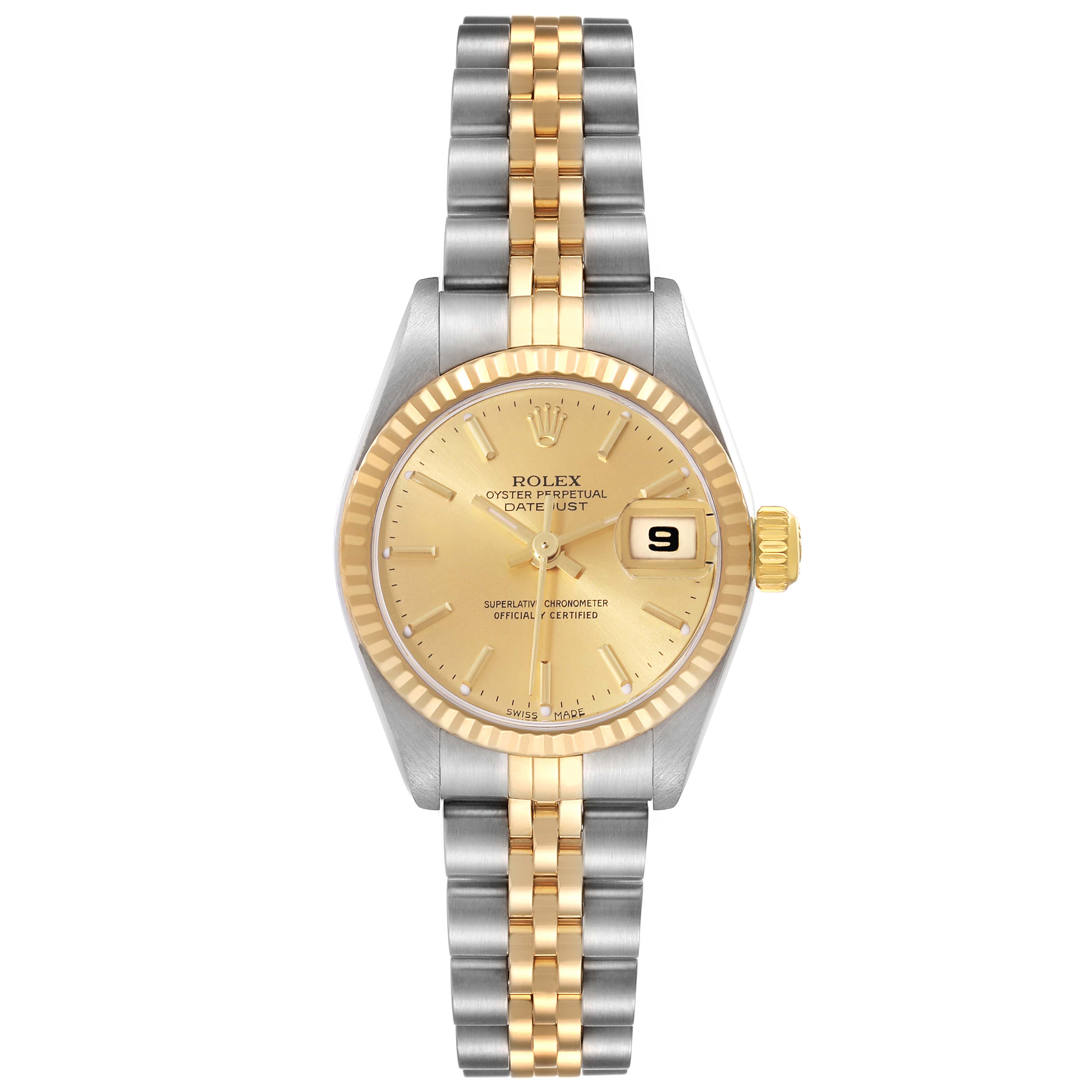 This Rolex Datejust 79173 Women's Steel and Gold (two tone) Champagne Dial 79173 Women's Steel and Gold (two tone) Champagne Dial model is shown from a top-down angle, highlighting its gold and silver band, dial, and bezel.