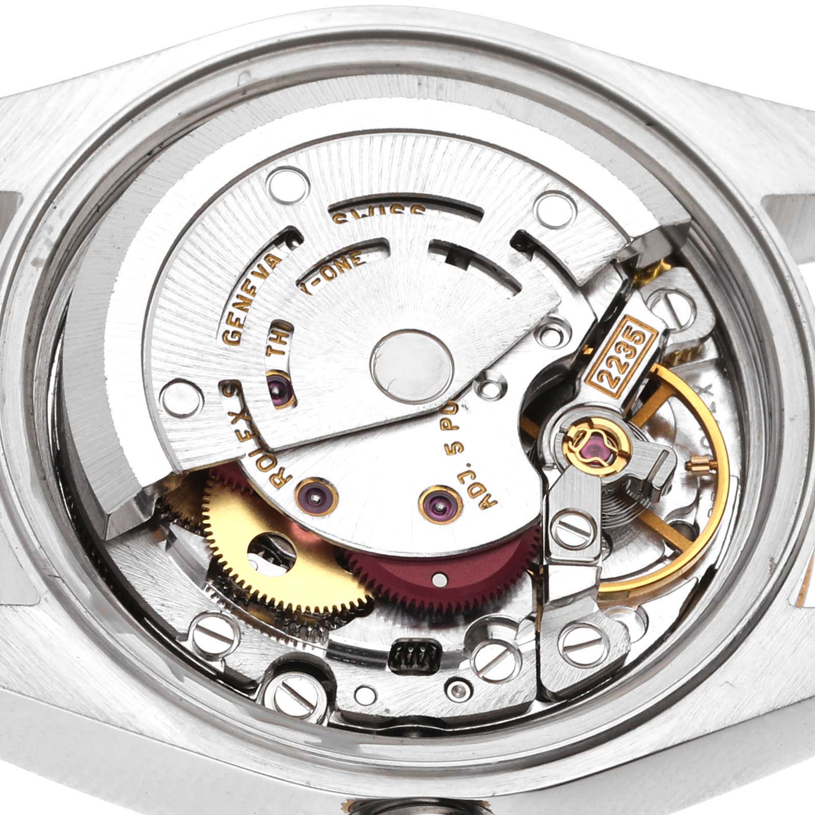 This is a close-up view of the Rolex Datejust 79173 Women's Steel and Gold (two tone) Champagne Dial 79173 Women's Steel and Gold (two tone) Champagne Dial watch's internal movement mechanism.