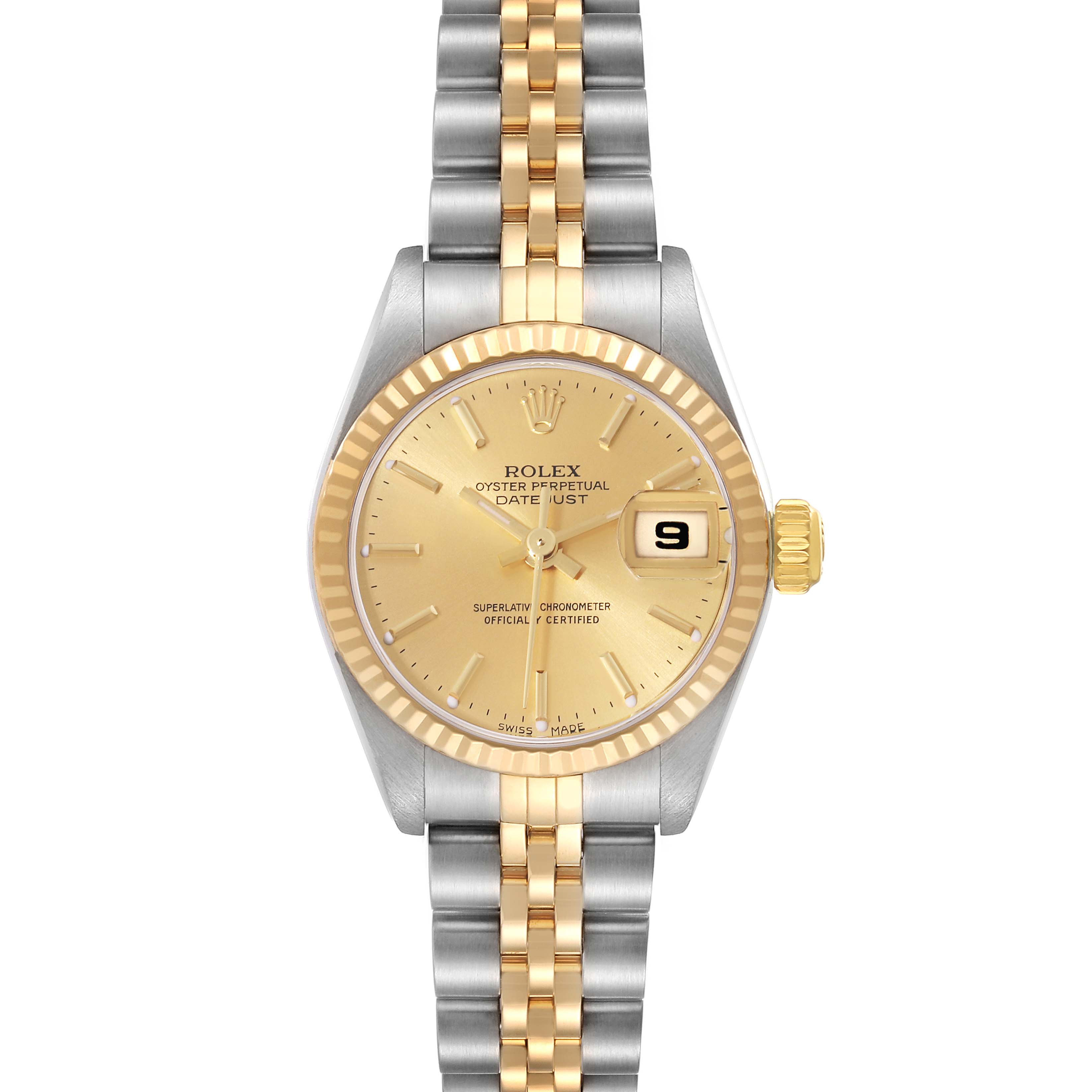 The image shows a front view of a Rolex Datejust 79173 Women's Steel and Gold (two tone) Champagne Dial 79173 Women's Steel and Gold (two tone) Champagne Dial watch featuring a two-tone band and a gold face with a date window.