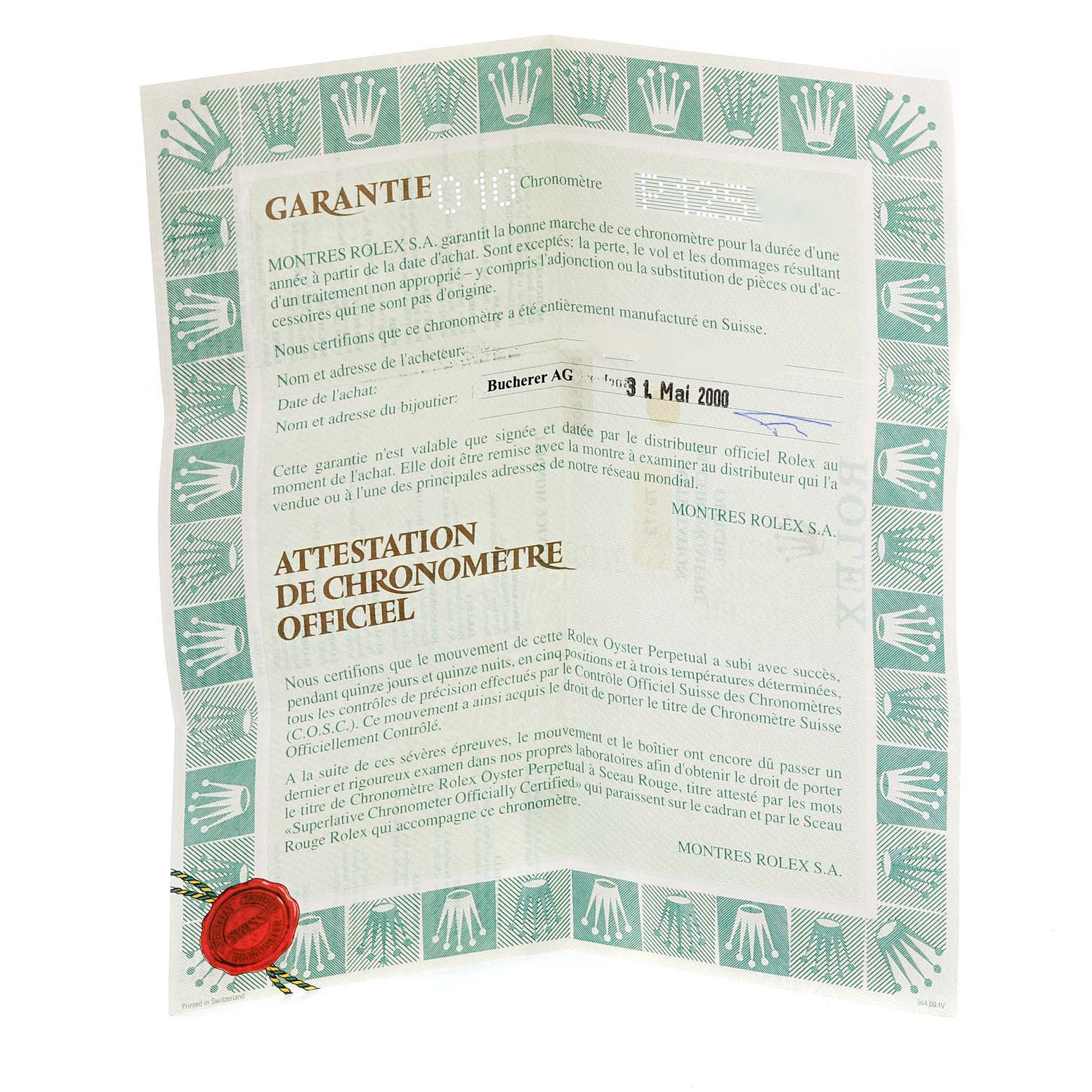 The image shows the warranty and official chronometer certification paperwork for a Rolex Datejust 79173 Women's Steel and Gold (two tone) Champagne Dial 79173 Women's Steel and Gold (two tone) Champagne Dial watch.