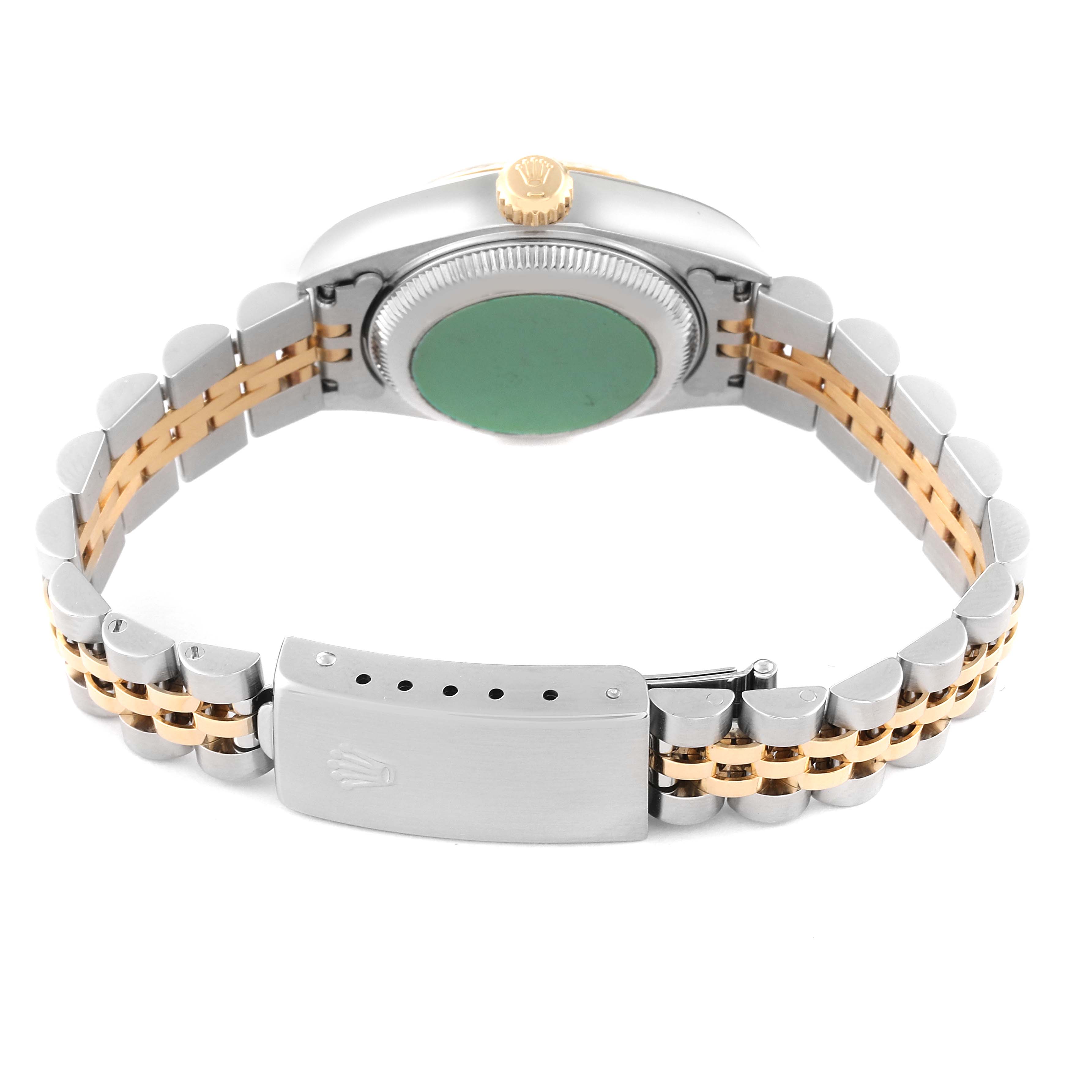 The image shows the back view of a Rolex Datejust 79173 Women's Steel and Gold (two tone) Champagne Dial 79173 Women's Steel and Gold (two tone) Champagne Dial watch, highlighting the clasp, bracelet, and case back.