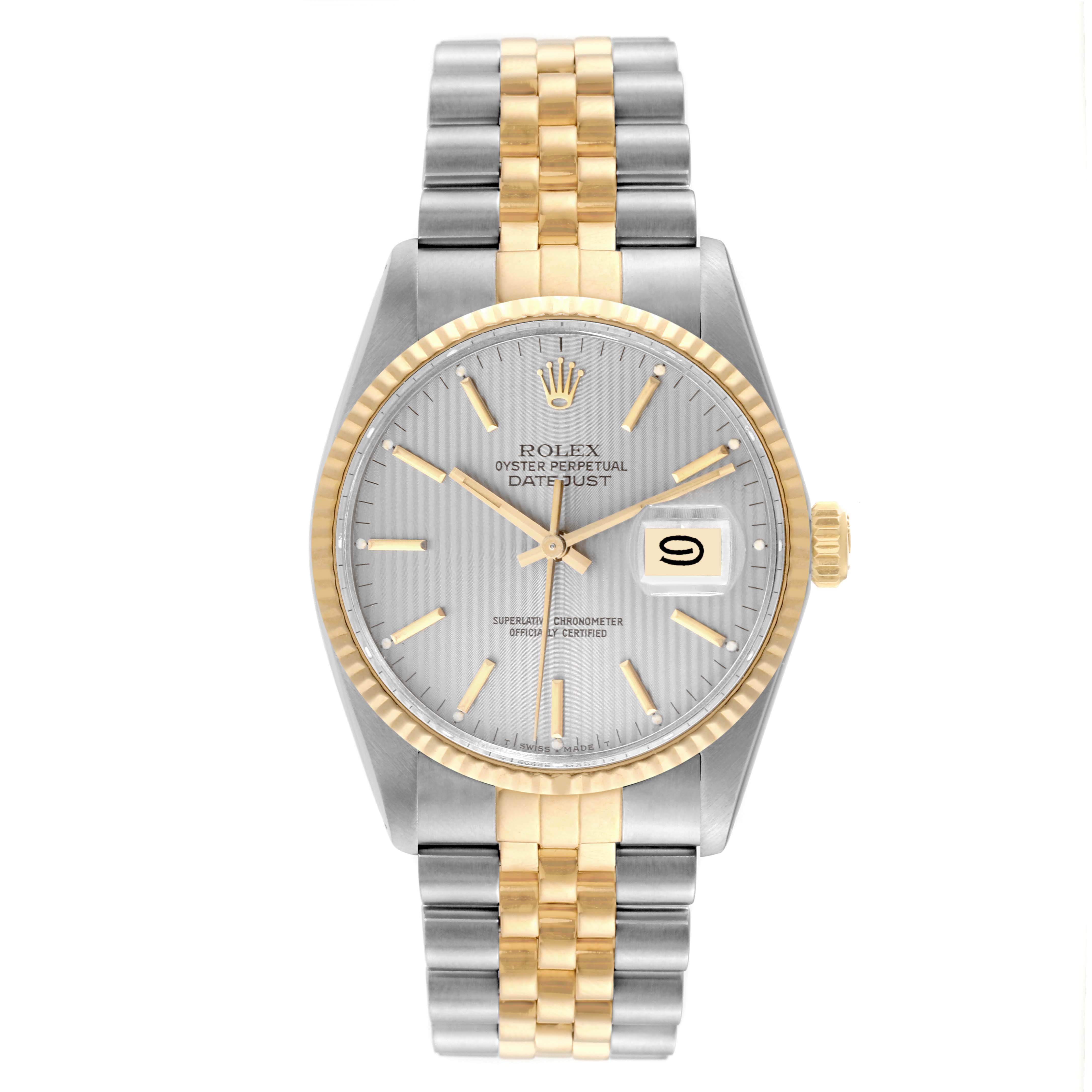 The image shows a front view of the Rolex Vintage Collection 16013 Men's Steel and Gold (two tone) Silver Dial 16013 Men's Steel and Gold (two tone) Silver Dial Datejust watch, displaying its two-tone band, dial, and date feature.