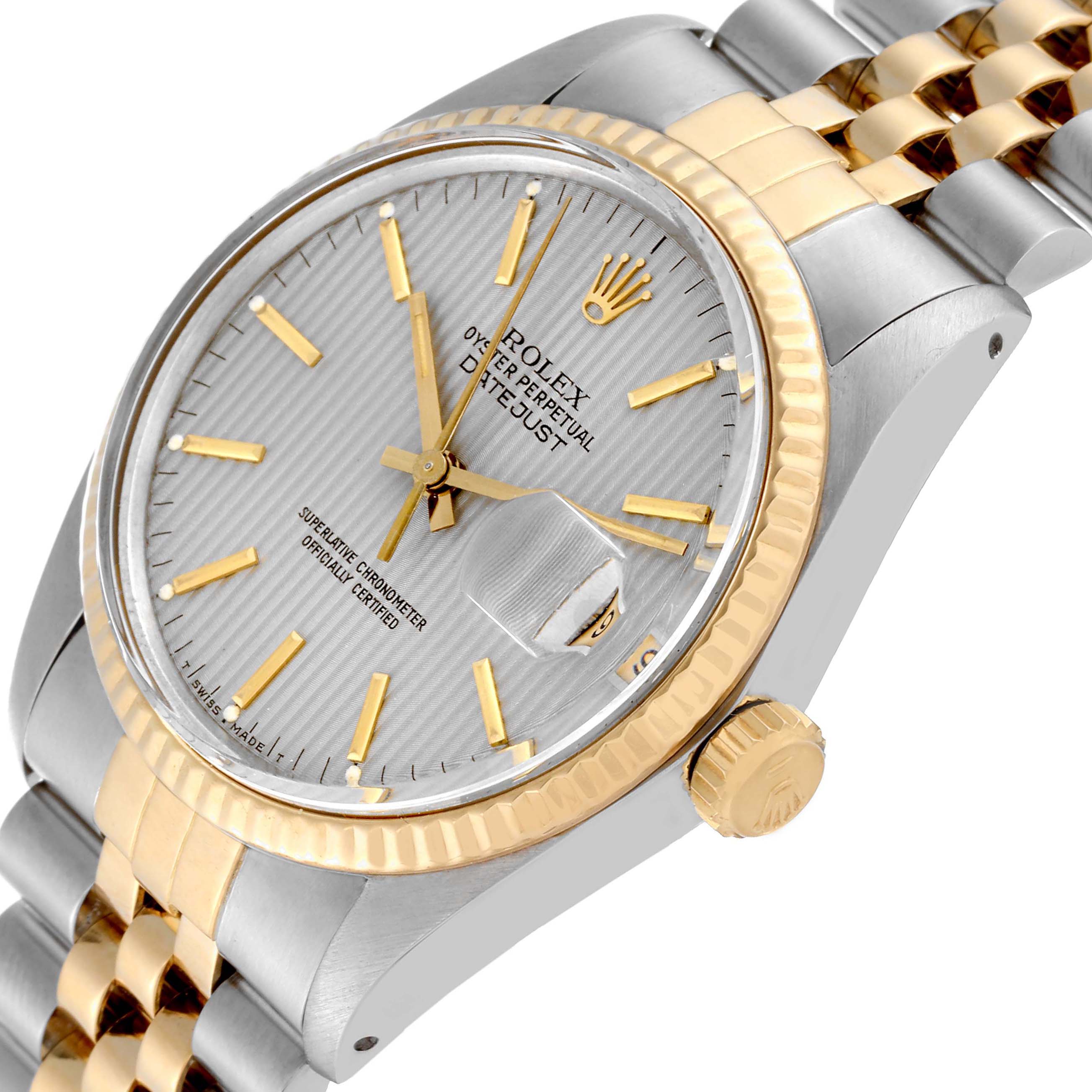 The image shows a close-up of a Rolex Vintage Collection 16013 Men's Steel and Gold (two tone) Silver Dial 16013 Men's Steel and Gold (two tone) Silver Dial watch, highlighting its face, bezel, crown, and part of the bracelet.