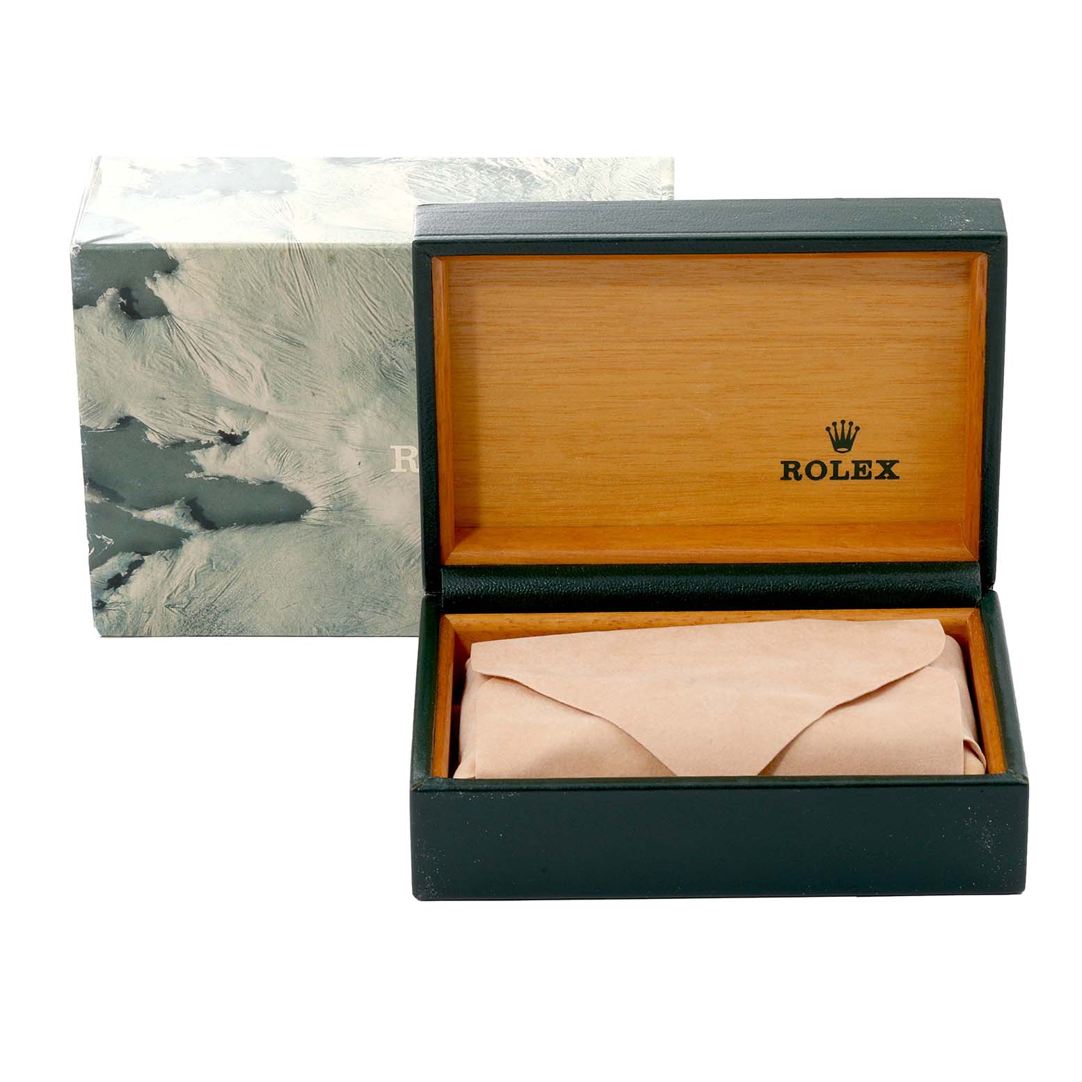 The image shows a Rolex Vintage Collection 16013 Men's Steel and Gold (two tone) Silver Dial 16013 Men's Steel and Gold (two tone) Silver Dial watch box and its outer packaging from a frontal angle.