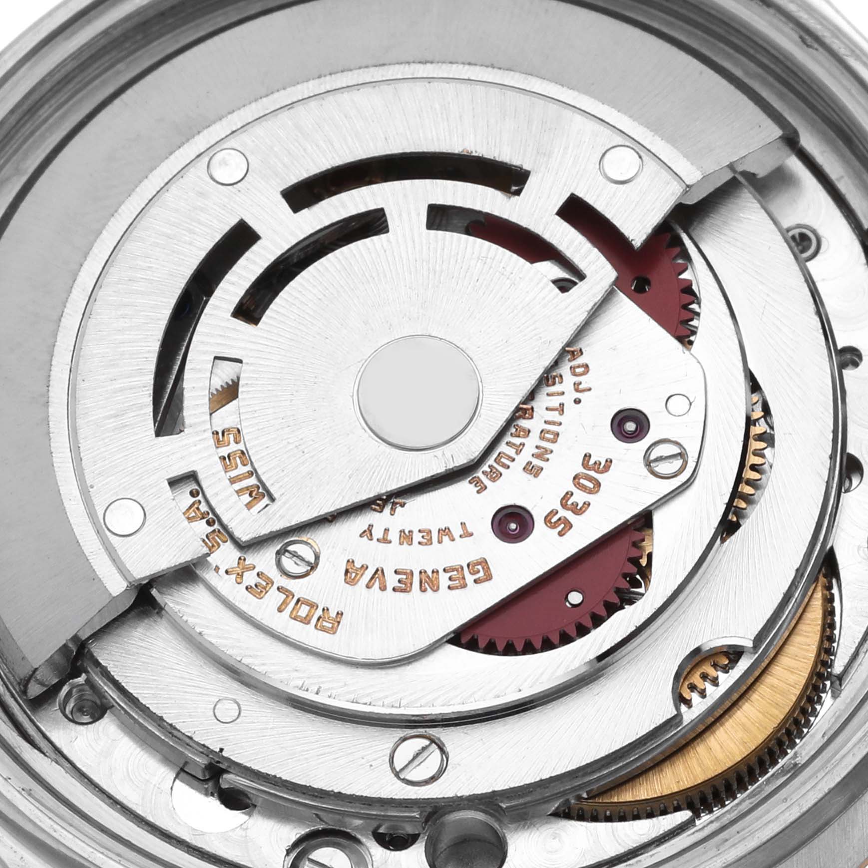 The image shows a close-up view of the movement mechanism of a Rolex Vintage Collection 16013 Men's Steel and Gold (two tone) Silver Dial 16013 Men's Steel and Gold (two tone) Silver Dial model watch.
