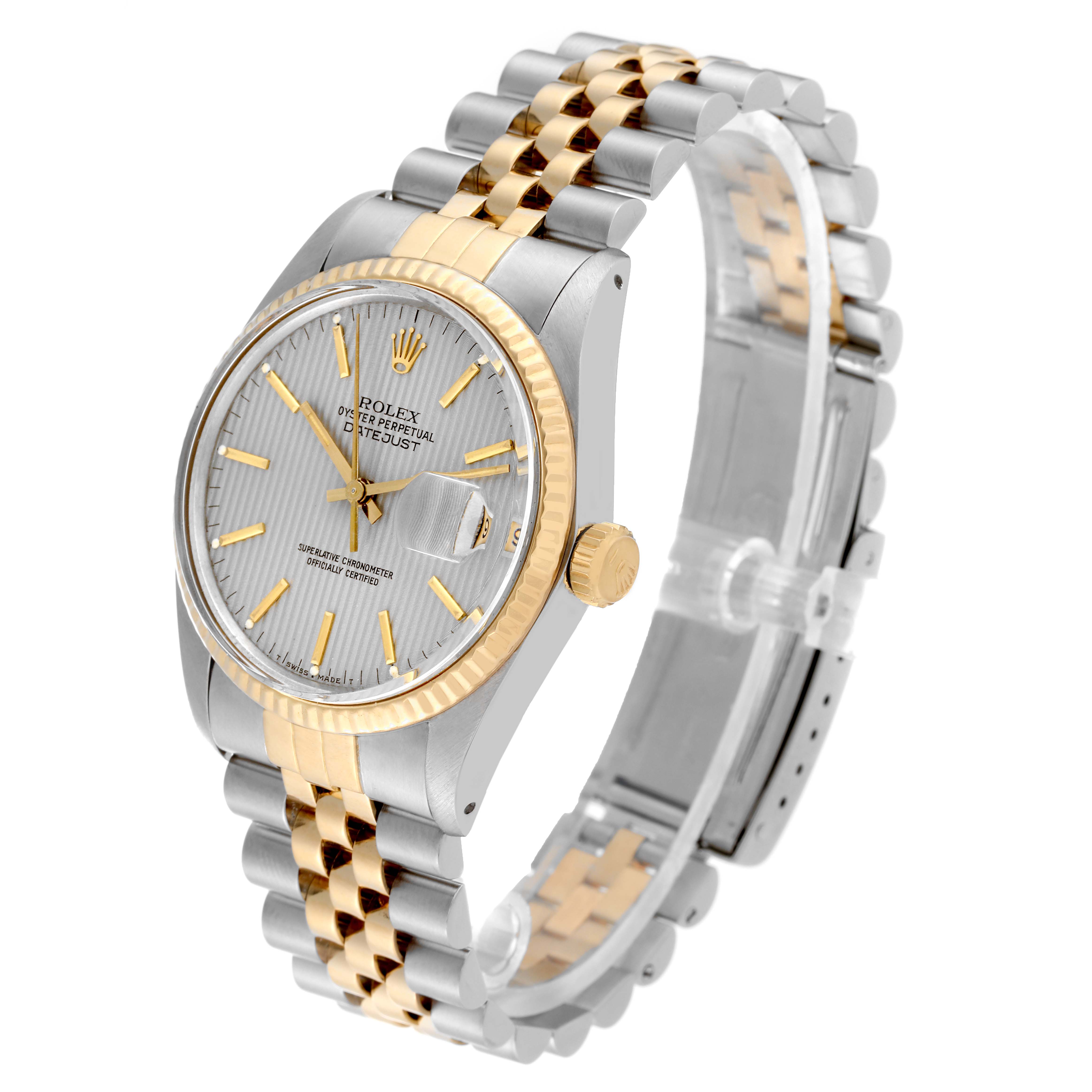 The image shows a Rolex Vintage Collection 16013 Men's Steel and Gold (two tone) Silver Dial 16013 Men's Steel and Gold (two tone) Silver Dial watch angled slightly from above, highlighting its face, bezel, bracelet, and crown.