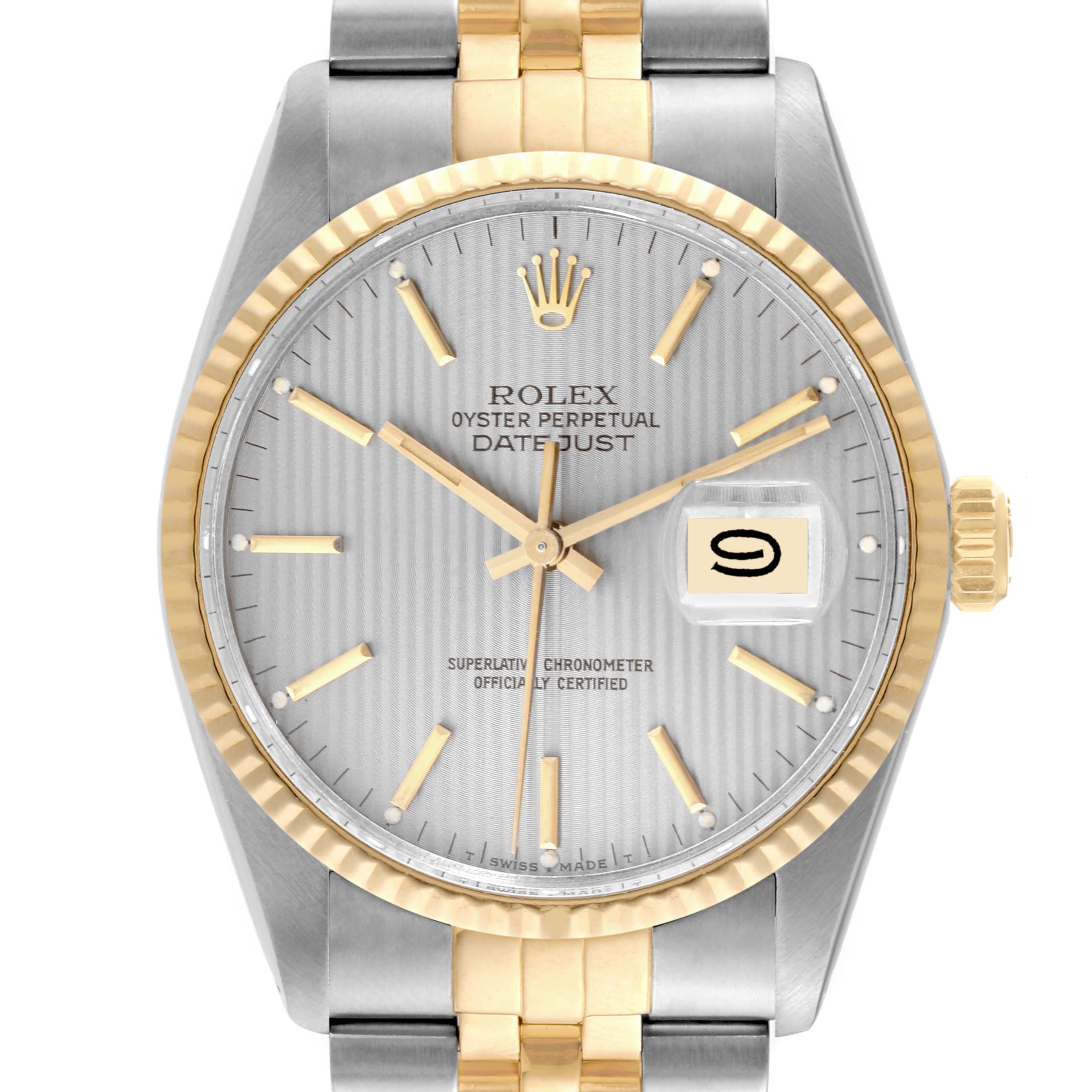 This image shows a front view of the Rolex Vintage Collection 16013 Men's Steel and Gold (two tone) Silver Dial 16013 Men's Steel and Gold (two tone) Silver Dial Datejust watch, featuring a silver and gold two-tone design.